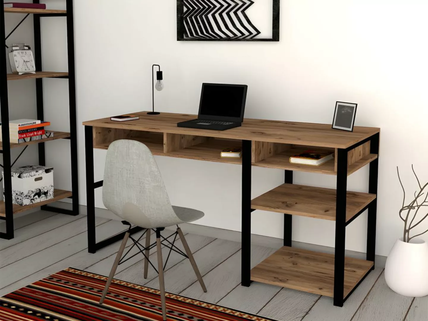 Schreibtisch mit Stauraum - Naturfarben & Schwarz - RALEIGH günstig online kaufen