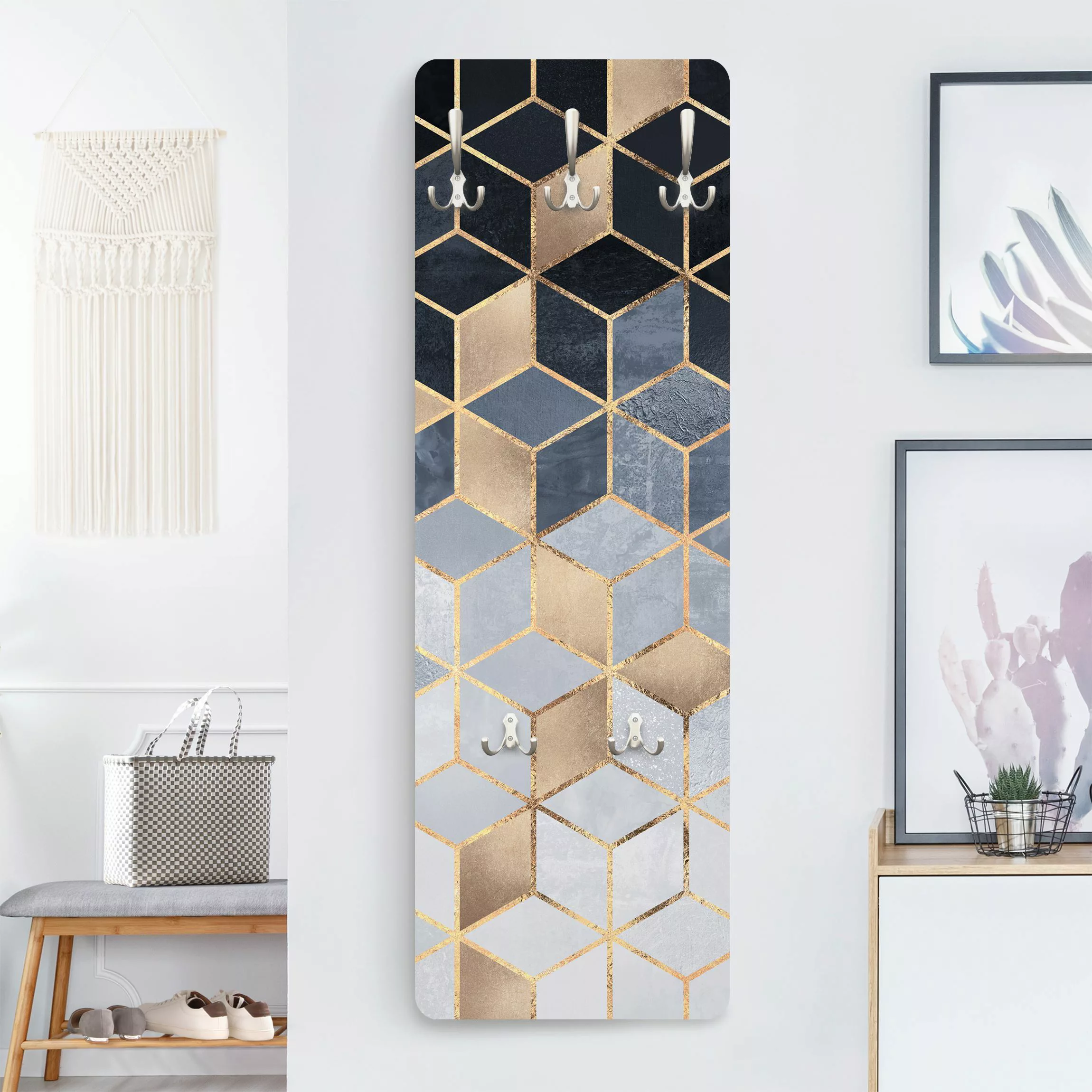 Wandgarderobe Blau Weiß goldene Geometrie günstig online kaufen