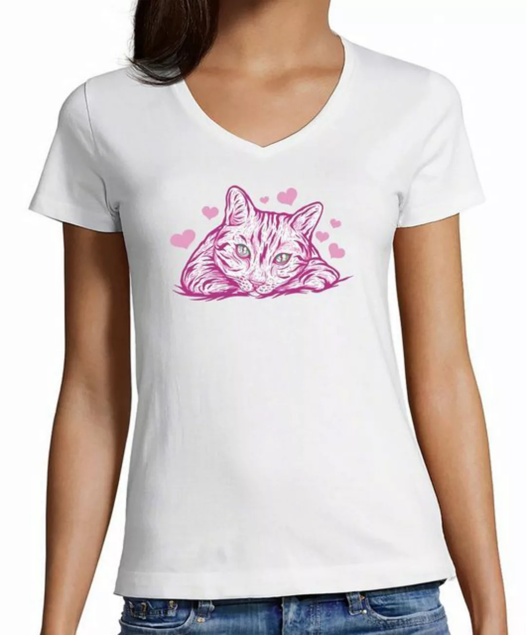 MyDesign24 T-Shirt Damen Katzen Print Shirt bedruckt - Pinke Katze mit Herz günstig online kaufen