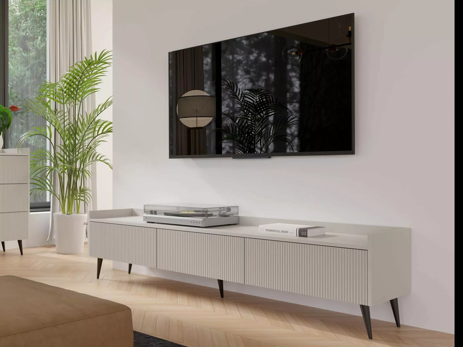 Compleo TV-Schrank dreitürig, Japandi design, Lamellenoptik günstig online kaufen