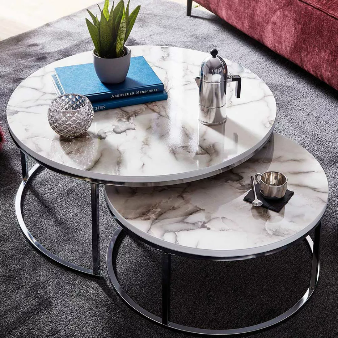 Sofa Tische in weißer Marmor Optik Ringgestell aus Stahl (zweiteilig) günstig online kaufen