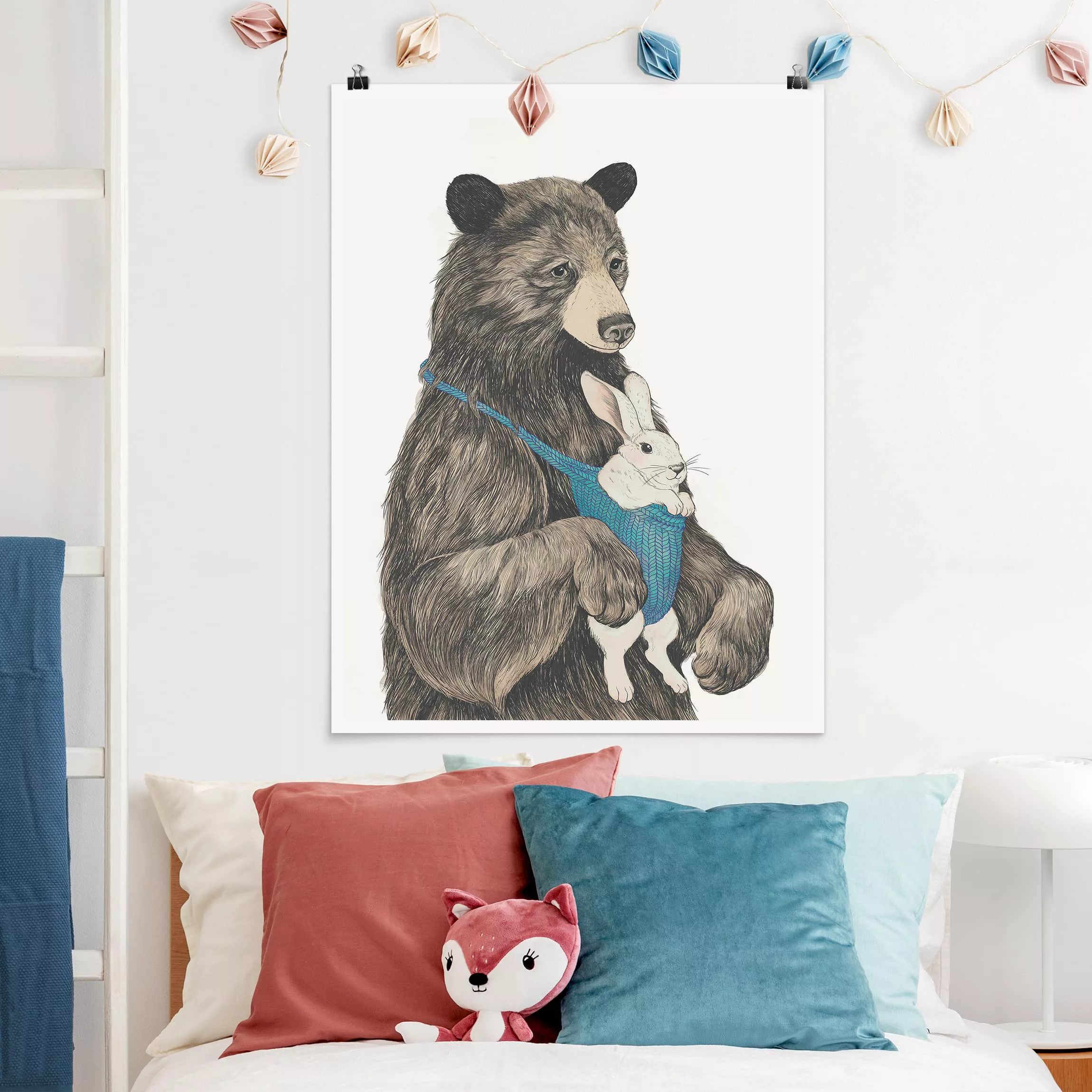 Poster Tiere - Hochformat Illustration Bär und Hase Baby günstig online kaufen