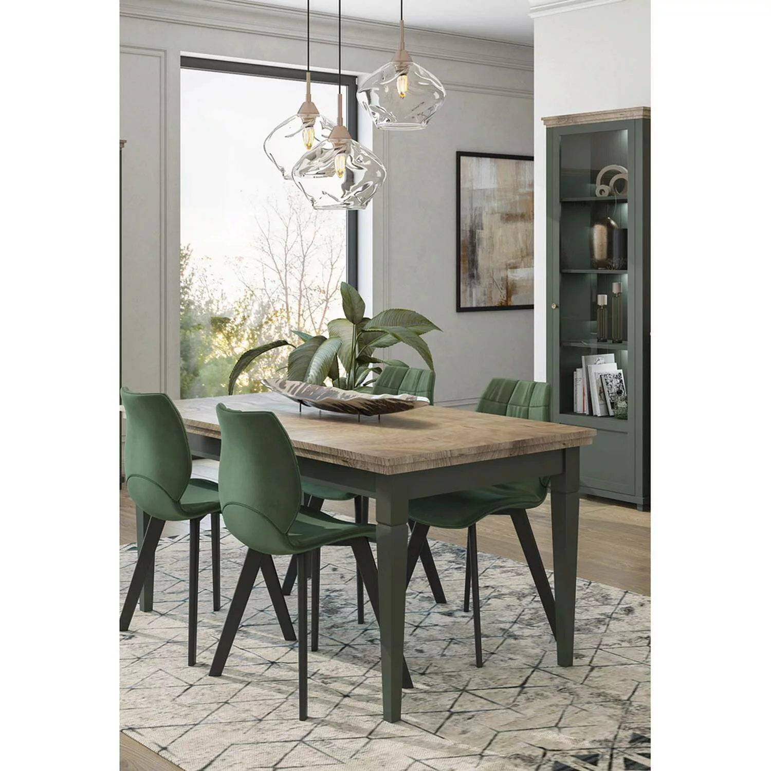 Esszimmer Tisch mit Vitrine Landhausstil EPSOM-83 in grün mit Lefkas Eiche günstig online kaufen