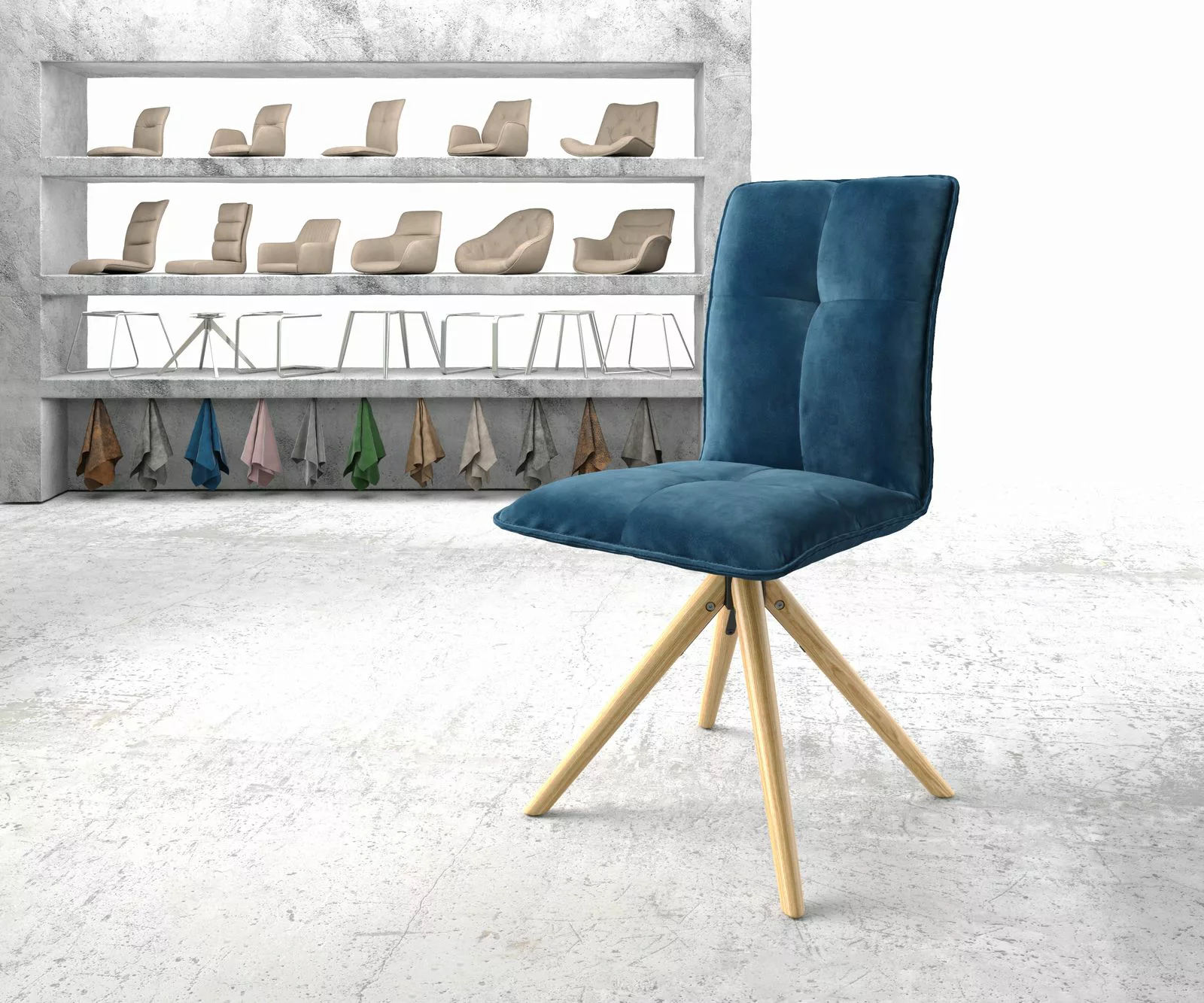 Drehstuhl Maddy-Flex Samt Blau Holzgestell konisch 180° drehbar Wellenfeder günstig online kaufen