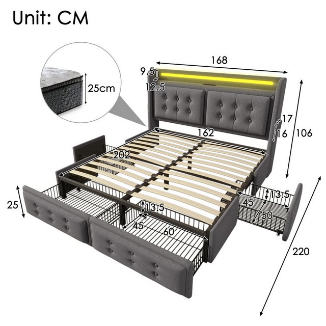 KoDise Polsterbett mit Led, Ladefunktion, 4 Schubladen, Grau, mit Matratze günstig online kaufen