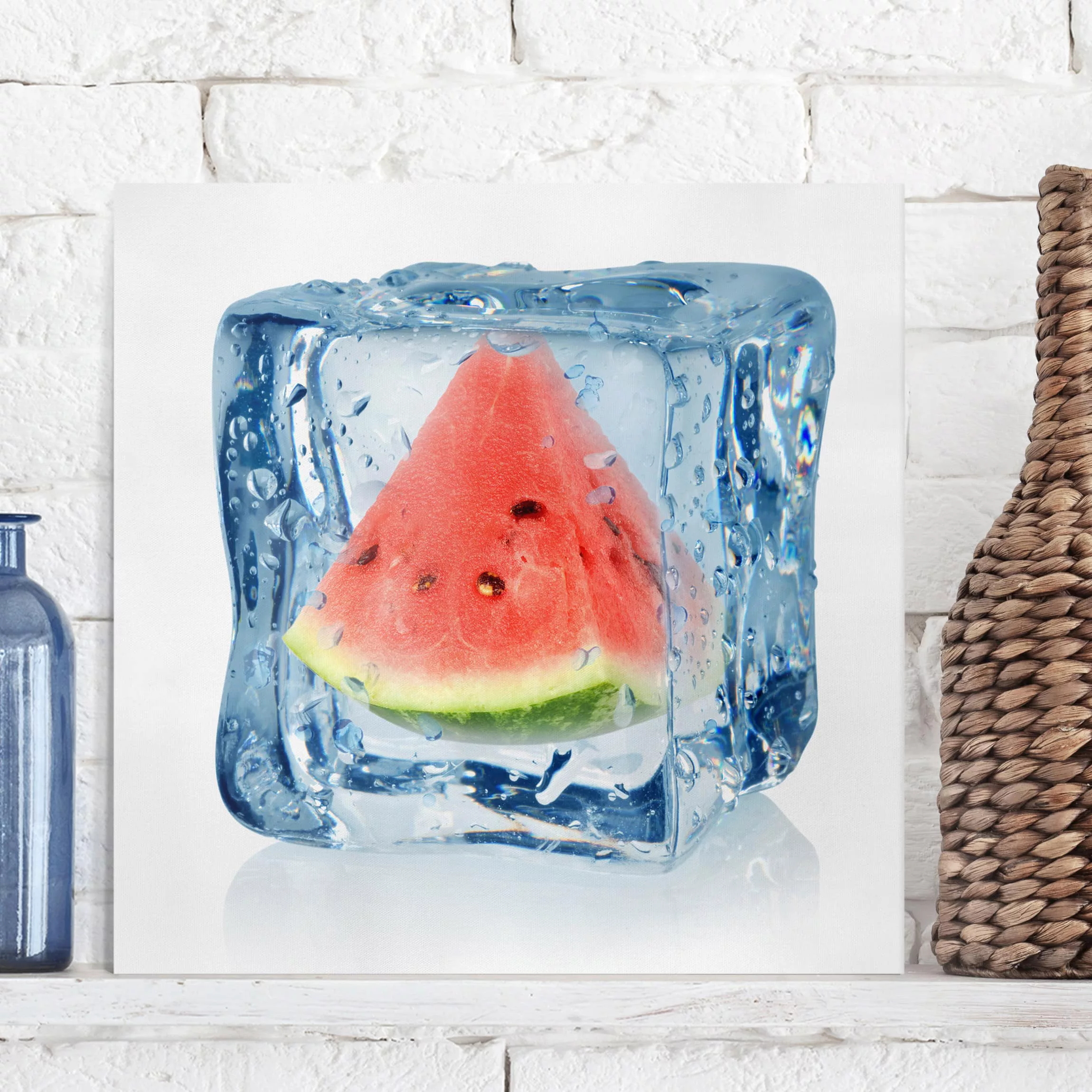 Leinwandbild Küche - Quadrat Melone im Eiswürfel günstig online kaufen