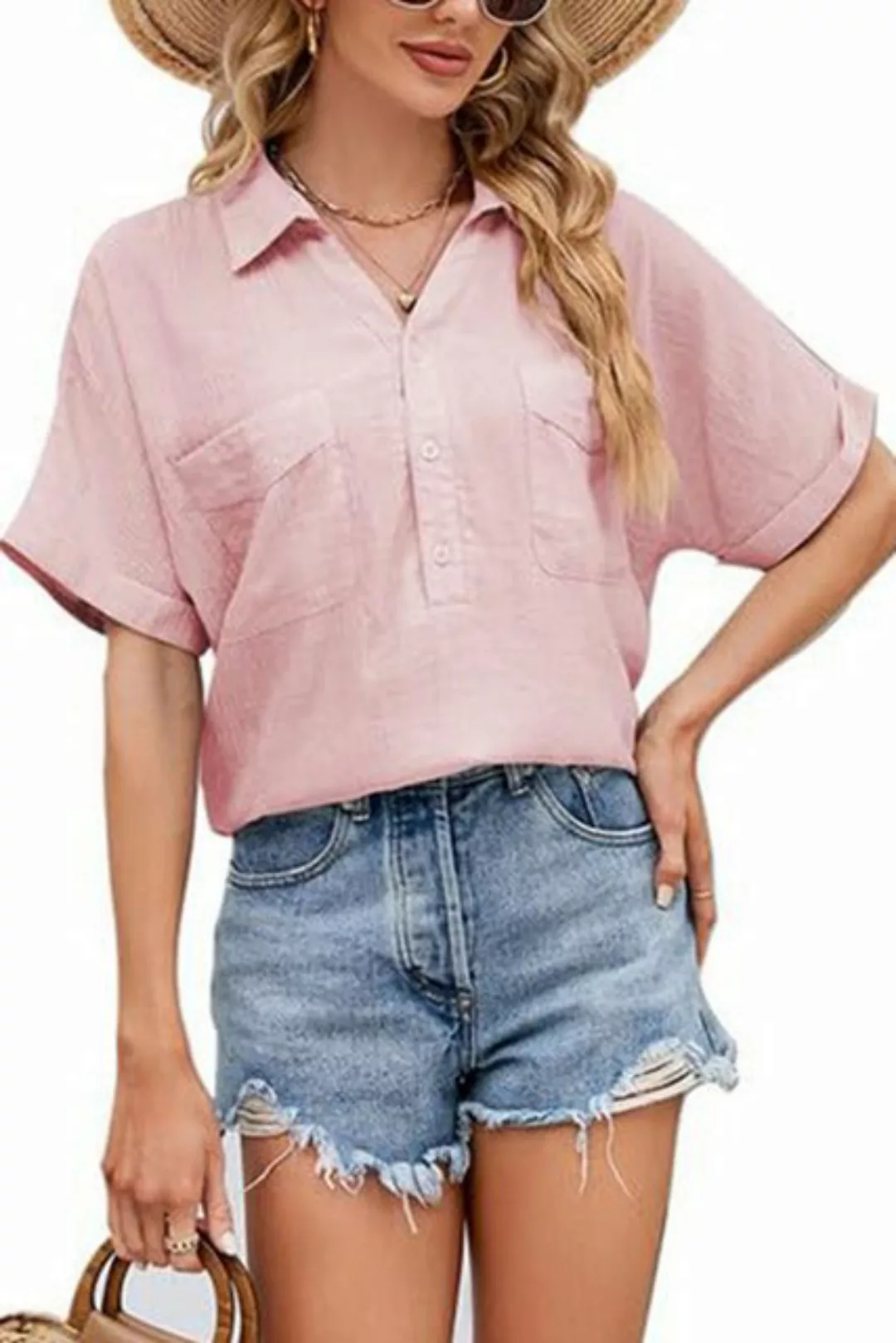 JDMGZSR Blusentop Elegantes einfarbiges geknöpftes Kurzarm-T-Shirt mit 1/3- günstig online kaufen
