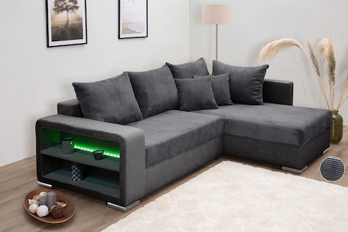 COLLECTION AB Ecksofa L-Form, Regalarmlehne mit LED RGB Beleuchtung,Bettfun günstig online kaufen