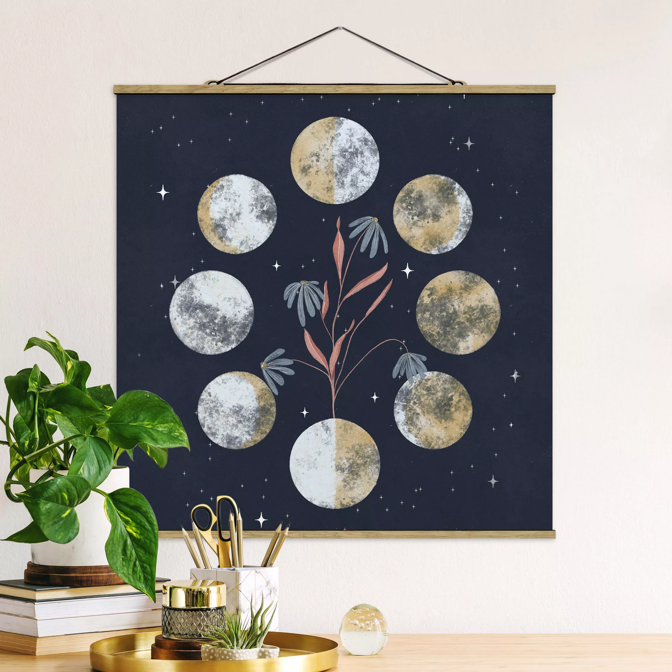 Stoffbild mit Posterleisten Mondphasen und Margeriten günstig online kaufen