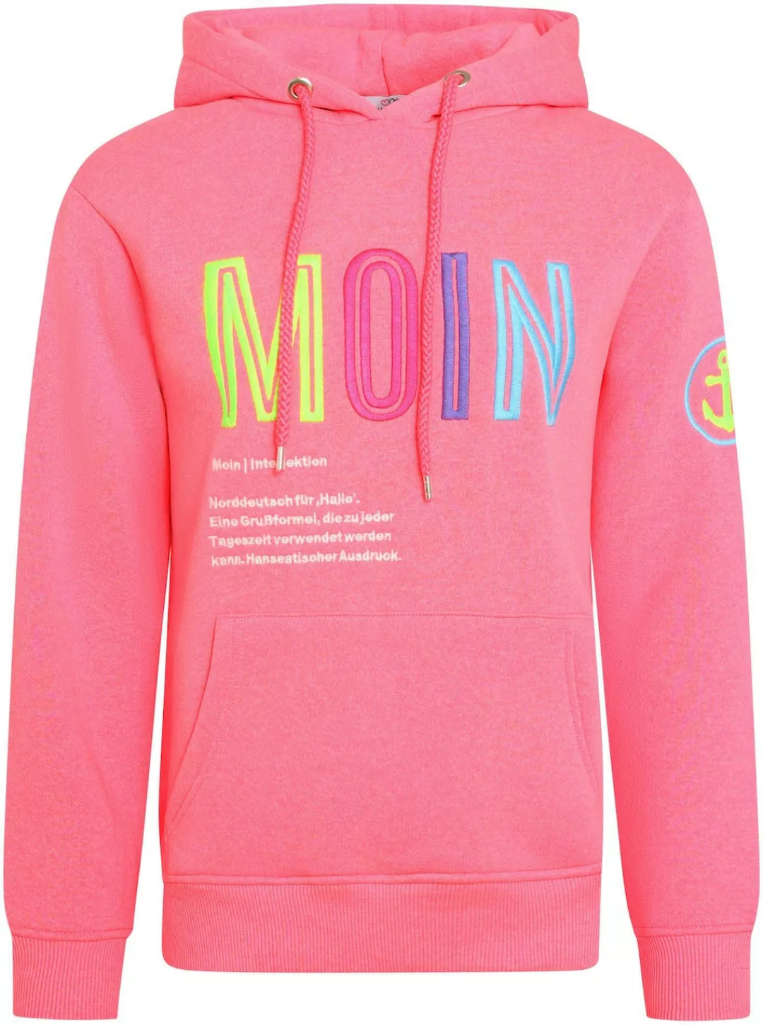 Zwillingsherz Sweatshirt mit aufgesticktem „Moin“-Schriftzug in Neonfarben günstig online kaufen