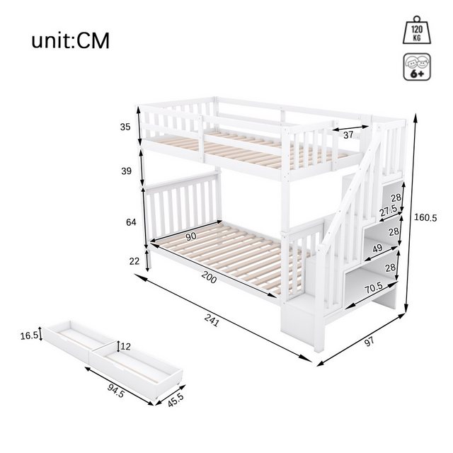 Flieks Etagenbett, Kinderbett Hochbett 90x200cm mit Stauraumtreppe und 2 Sc günstig online kaufen