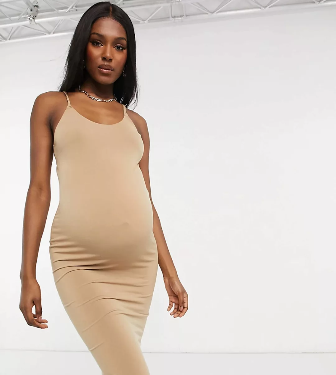 Flounce Maternity – Schlichtes Camisole-Kleid aus Jersey in Camel-Neutral günstig online kaufen