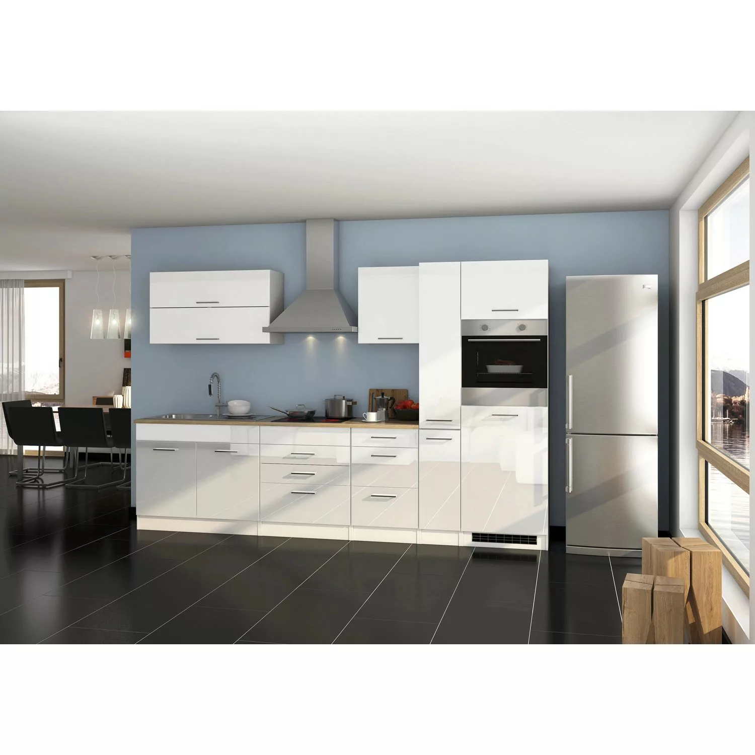 Held Möbel Küchenzeile Mailand 320 cm Grau Hochglanz-Grau Matt ohne E-Gerät günstig online kaufen