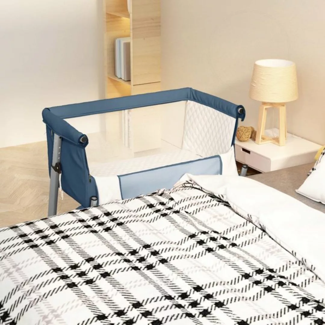 vidaXL Kinderbett Babybett mit Matratze Marineblau Leinenstoff Anstellbettc günstig online kaufen