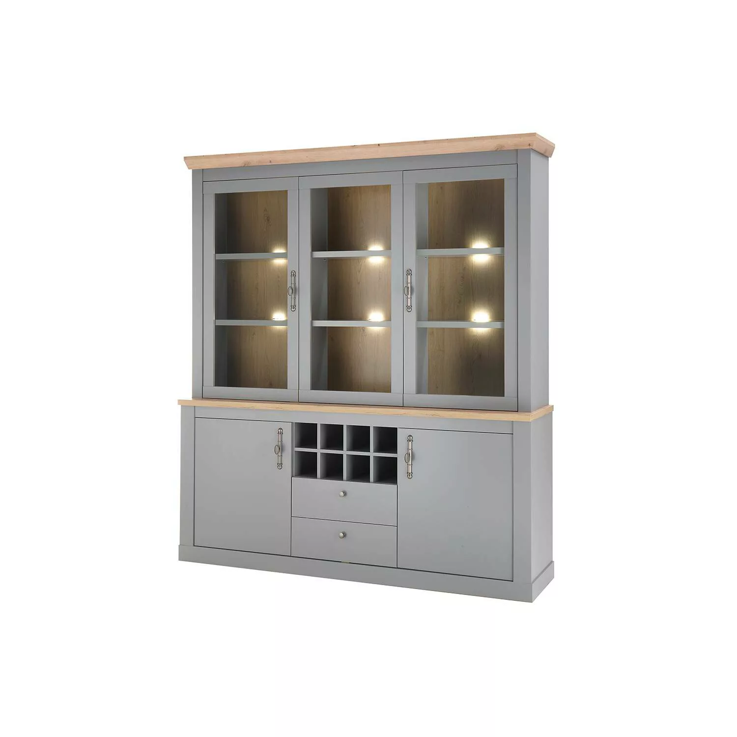 Landhaus Esszimmer Buffet mit LED Beleuchtung in grau mit Artisan Eiche Nb. günstig online kaufen