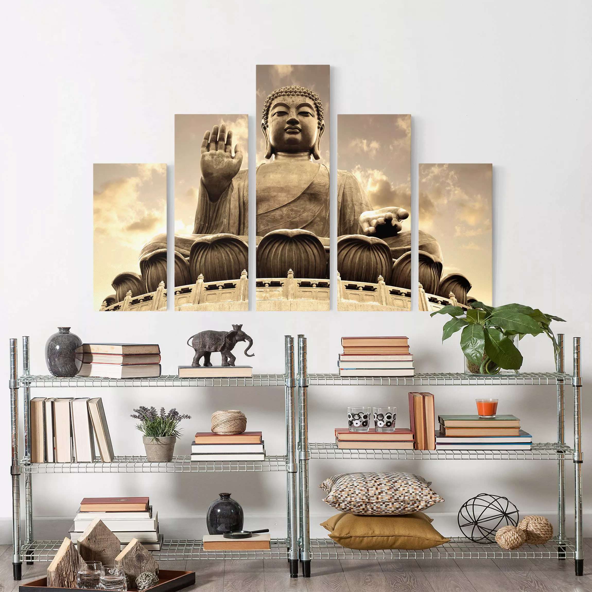 5-teiliges Leinwandbild - Querformat Großer Buddha Sepia günstig online kaufen