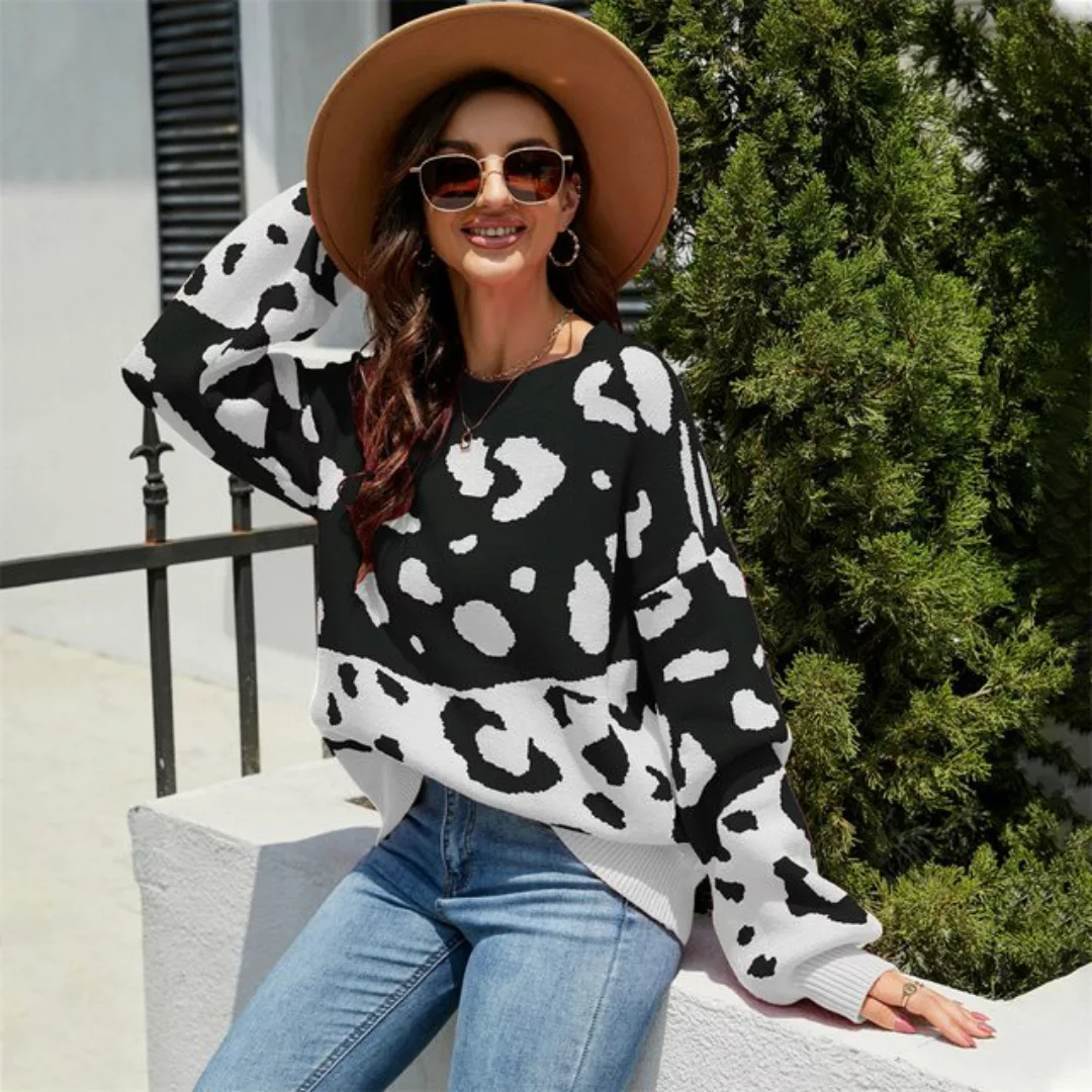 RUZU UG Strickpullover Damen Rundhals-Pullover mit zweifarbigen Leopardenmu günstig online kaufen