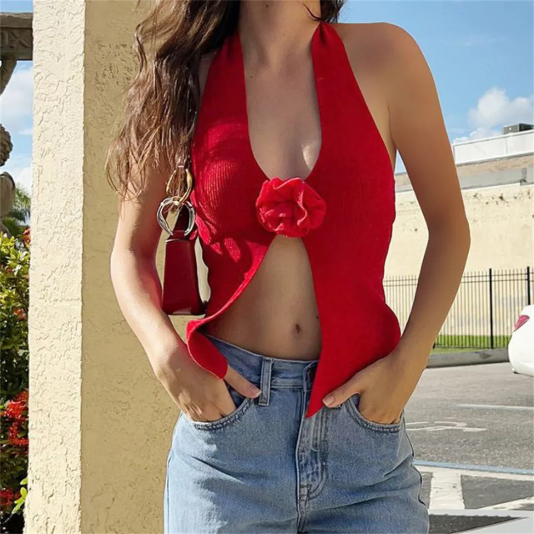 RUZU UG Anzugweste Sommerliches sexy schmales Neckholder-Top mit Blumenmust günstig online kaufen