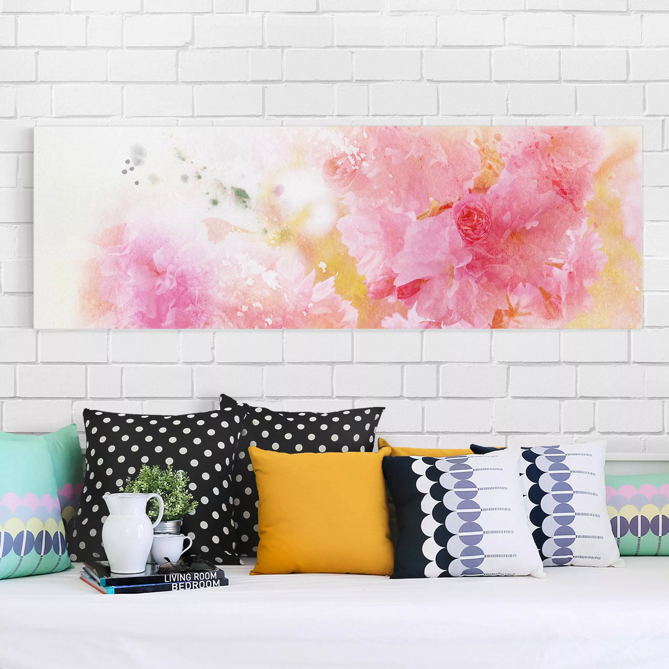 Leinwandbild Blumen - Panorama Aquarell Blumen Pfingstrosen günstig online kaufen