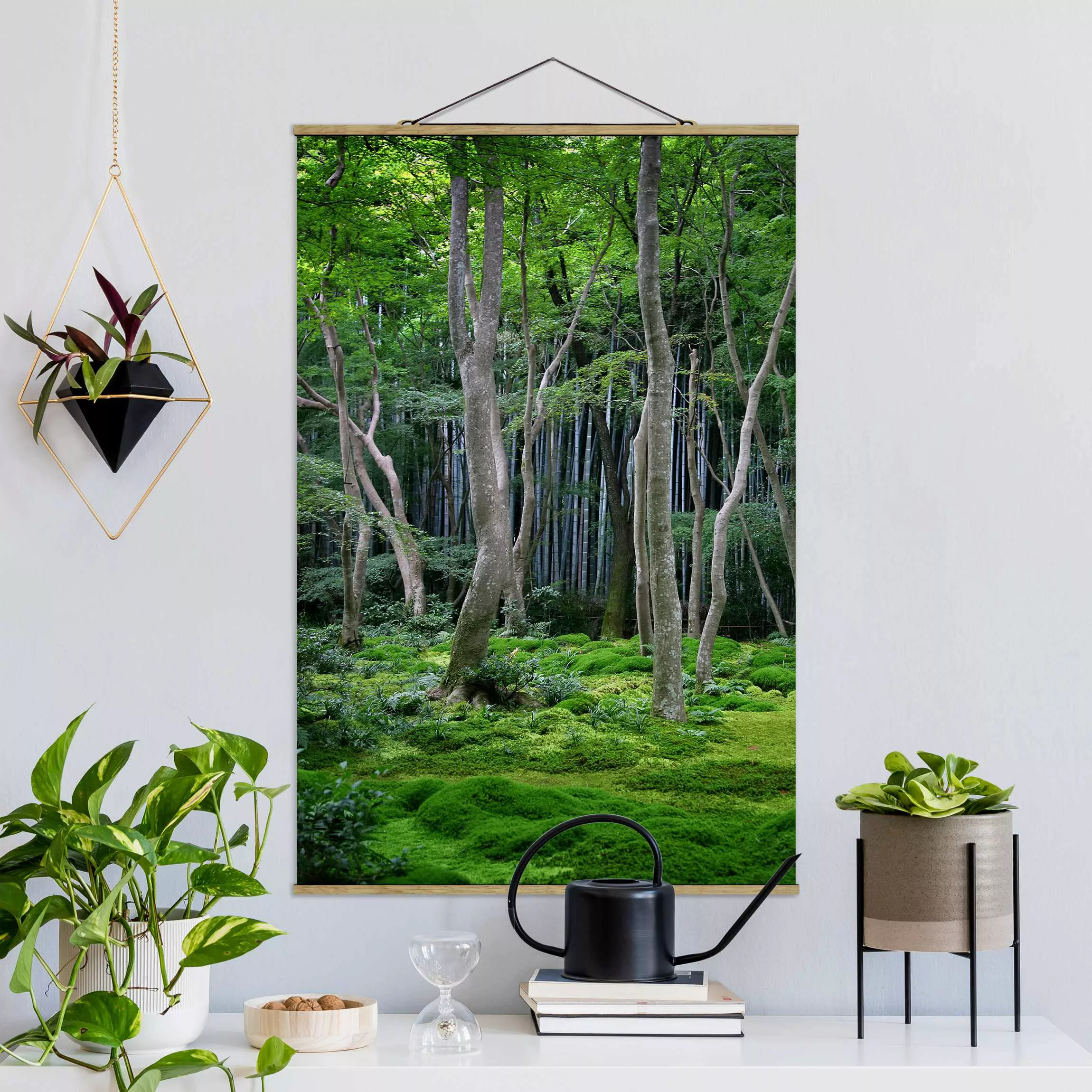 Stoffbild Wald mit Posterleisten - Hochformat Japanischer Wald günstig online kaufen