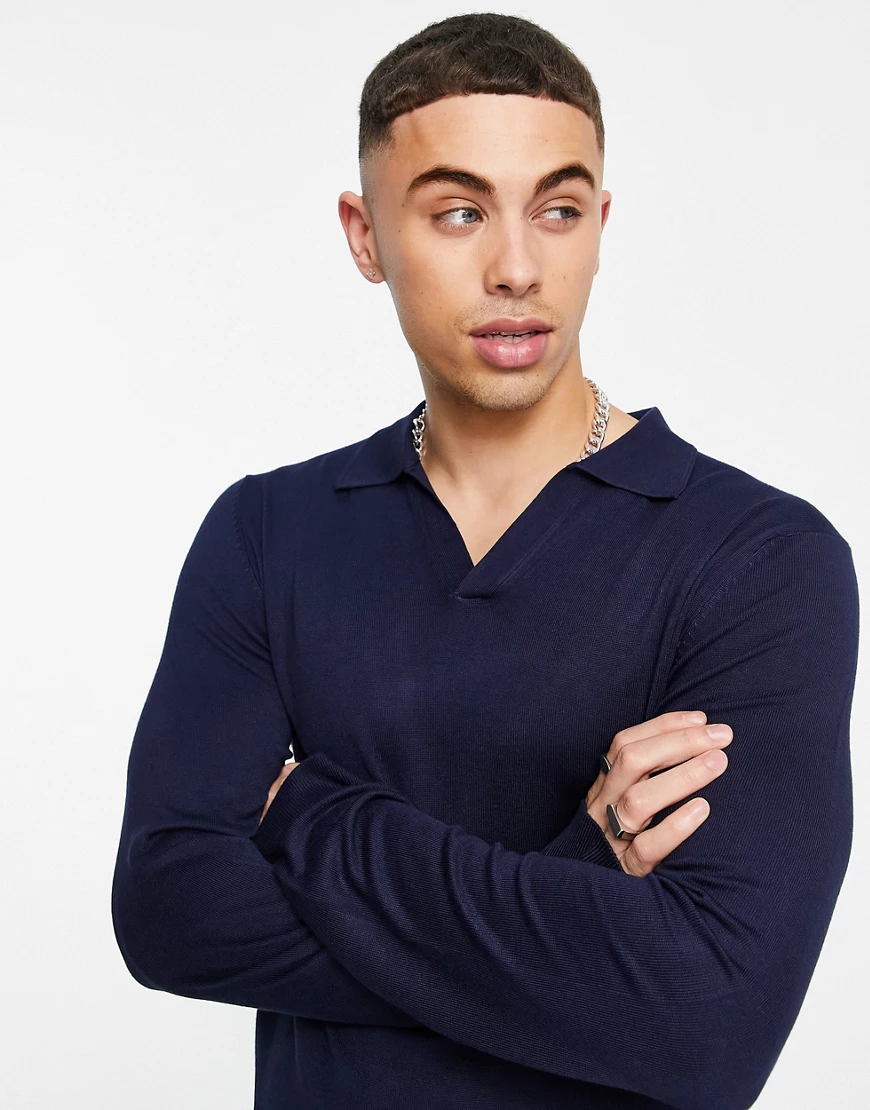 River Island – Langärmliges Polohemd aus Strick in Marine-Marineblau günstig online kaufen