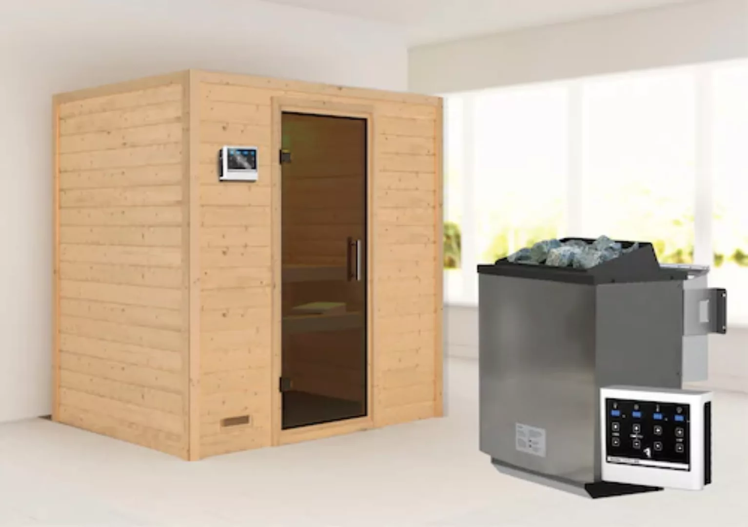 Karibu Sauna »"Sonja" mit graphitfarbener Tür Ofen 9 kW Bio externe Strg mo günstig online kaufen