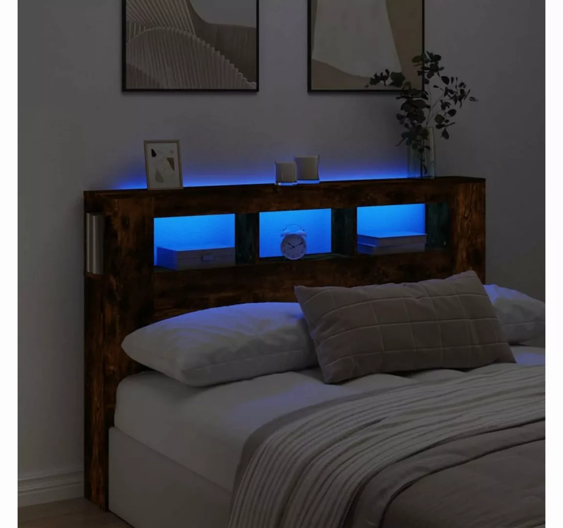 vidaXL Bett, LED-Kopfteil Räuchereiche 160x18,5x103,5 cm Holzwerkstoff günstig online kaufen