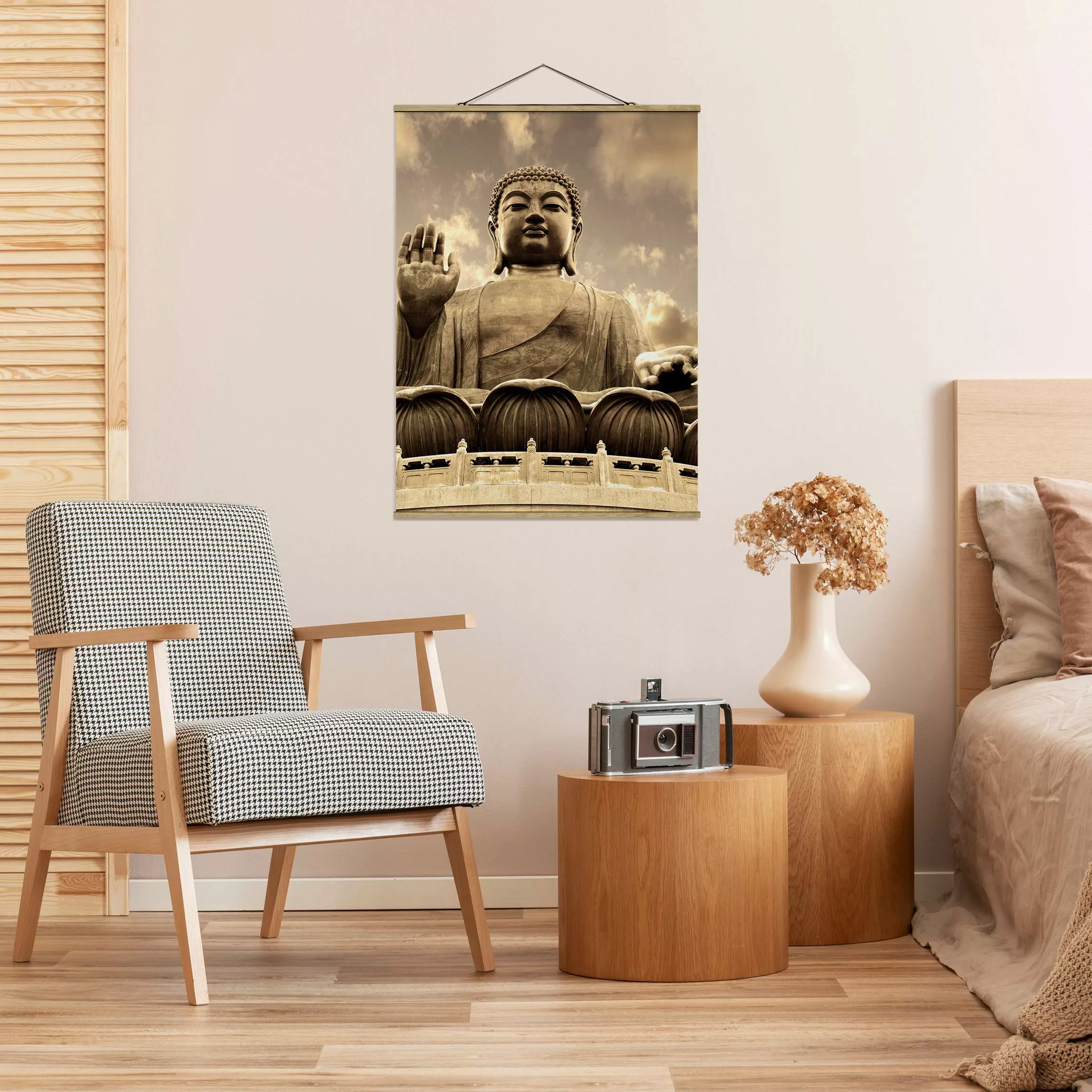 Stoffbild Buddha mit Posterleisten - Hochformat Großer Buddha Sepia günstig online kaufen