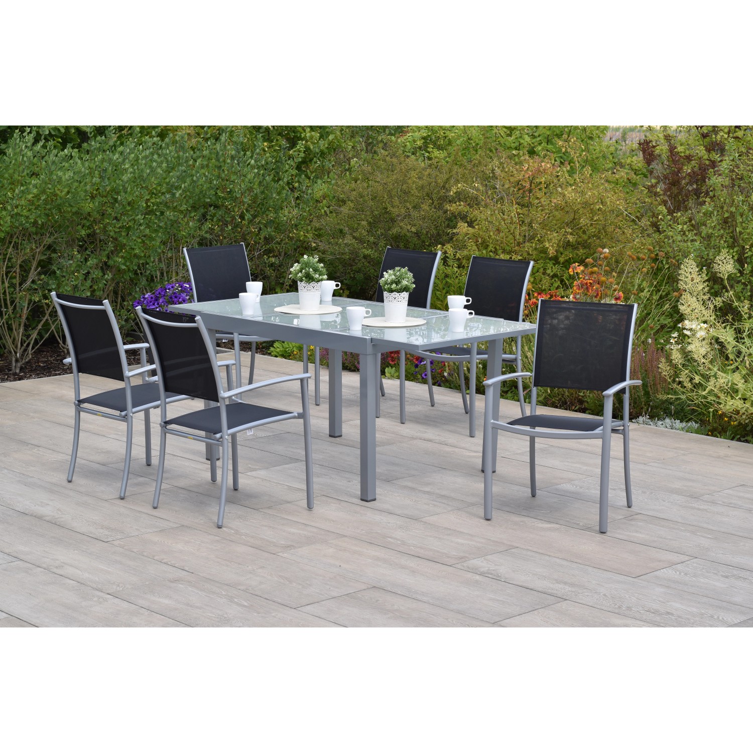 Merxx Milano Set 7-tlg. mit Gartentisch Ausziehbar 120/180 x 90 cm Schwarz günstig online kaufen