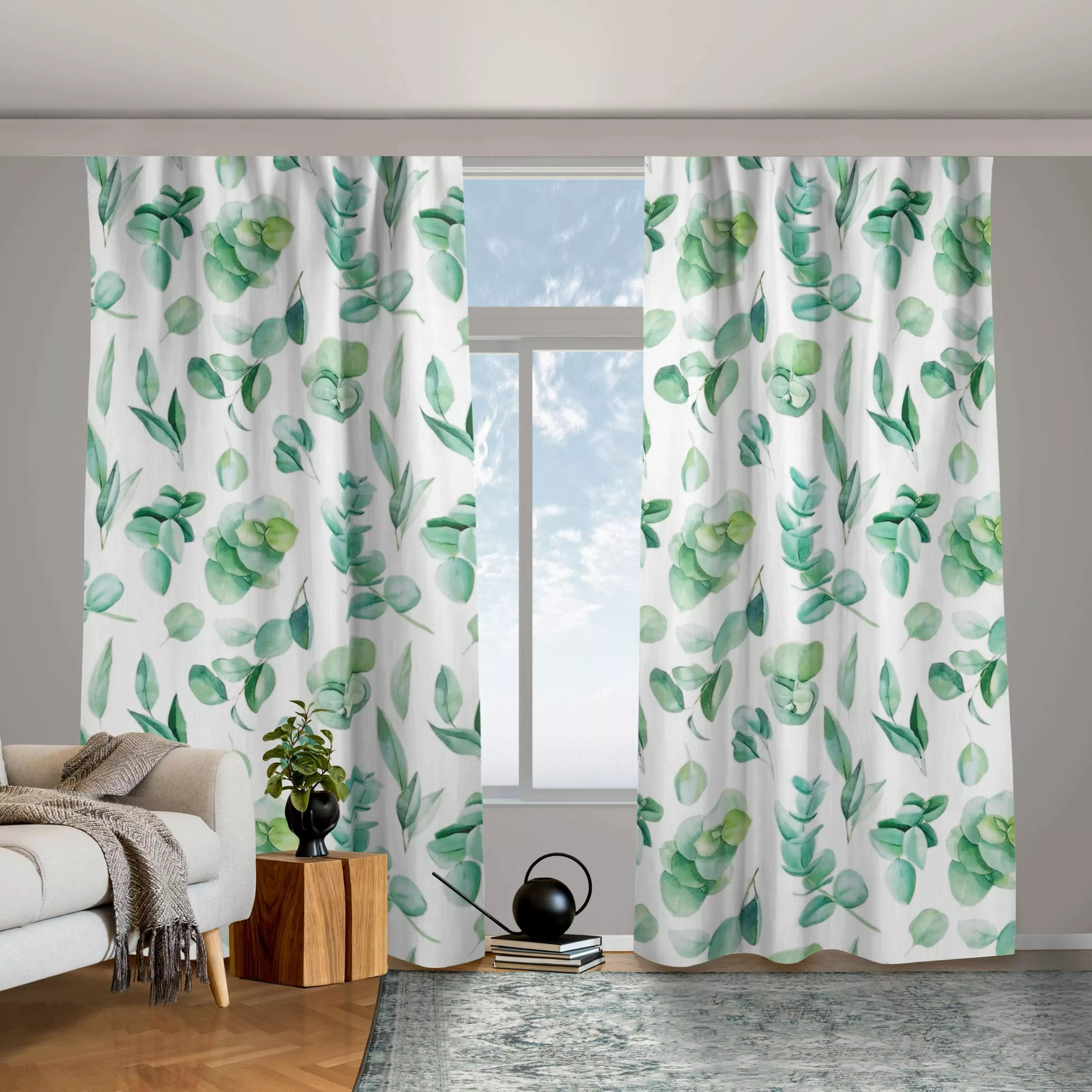 Vorhang Aquarell Eukalyptuszweige und Blätter Muster günstig online kaufen