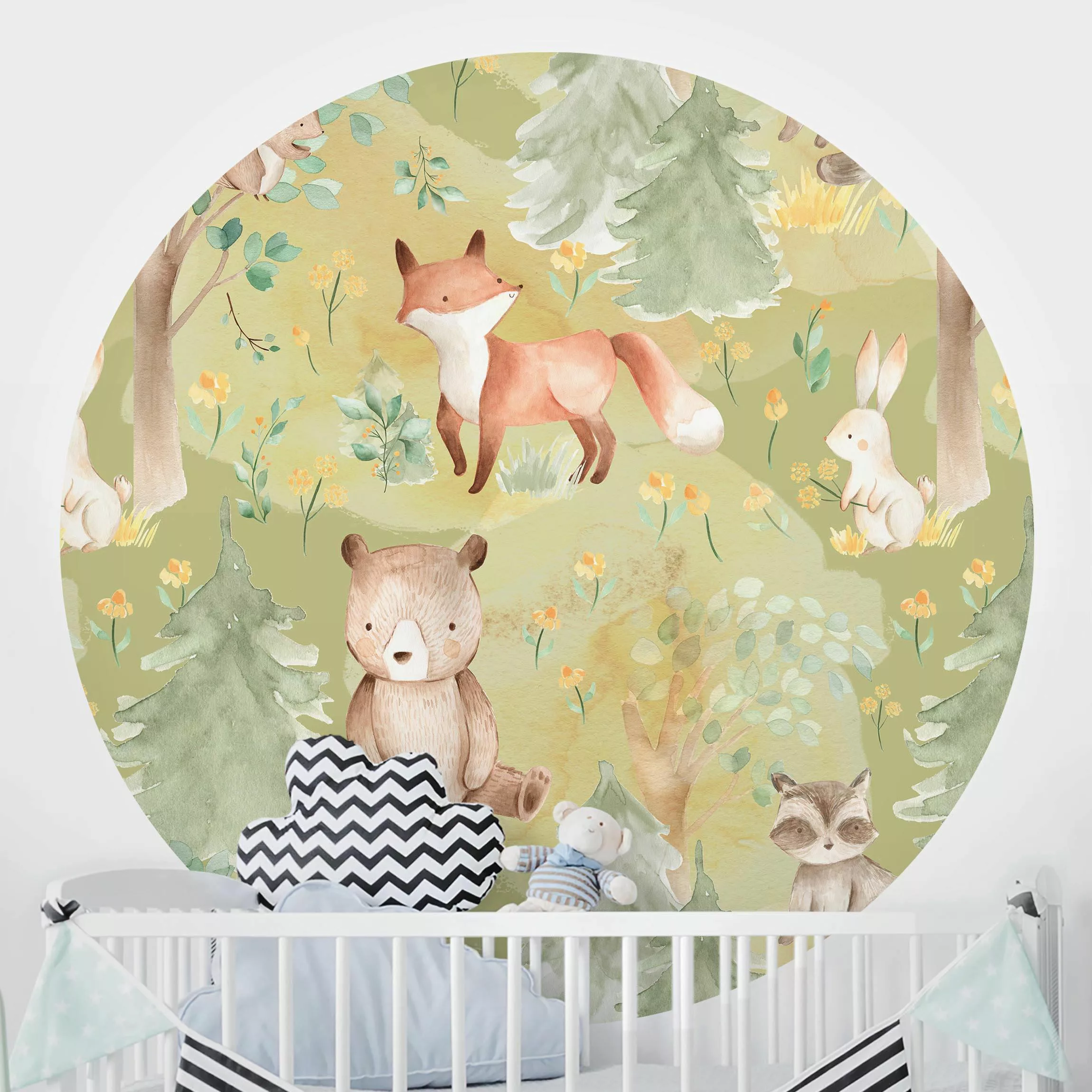 Bilderwelten Runde Tapete selbstklebend Kinderzimmer Hase und Fuchs auf Grü günstig online kaufen