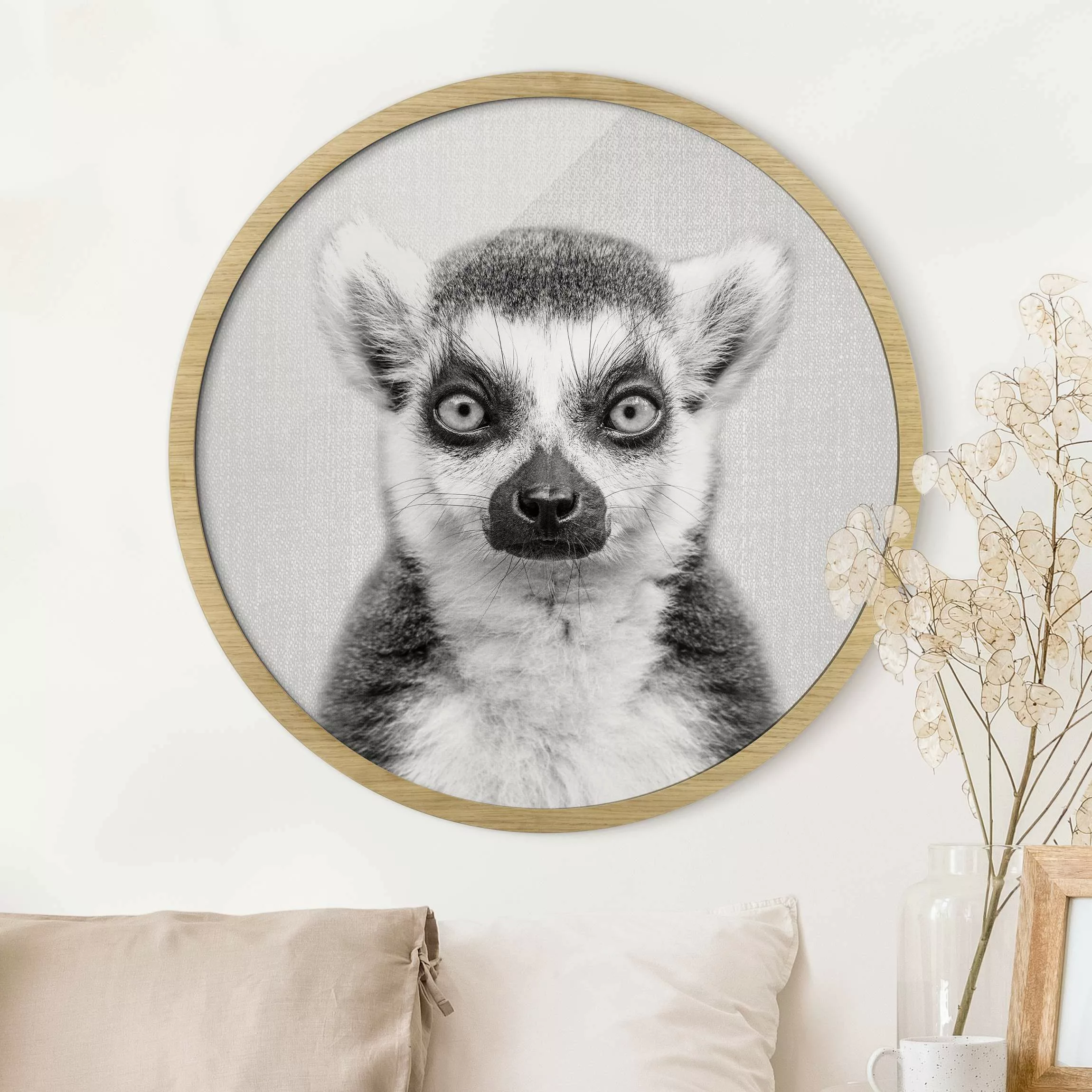 Rundes Gerahmtes Bild Lemur Ludwig Schwarz Weiß günstig online kaufen