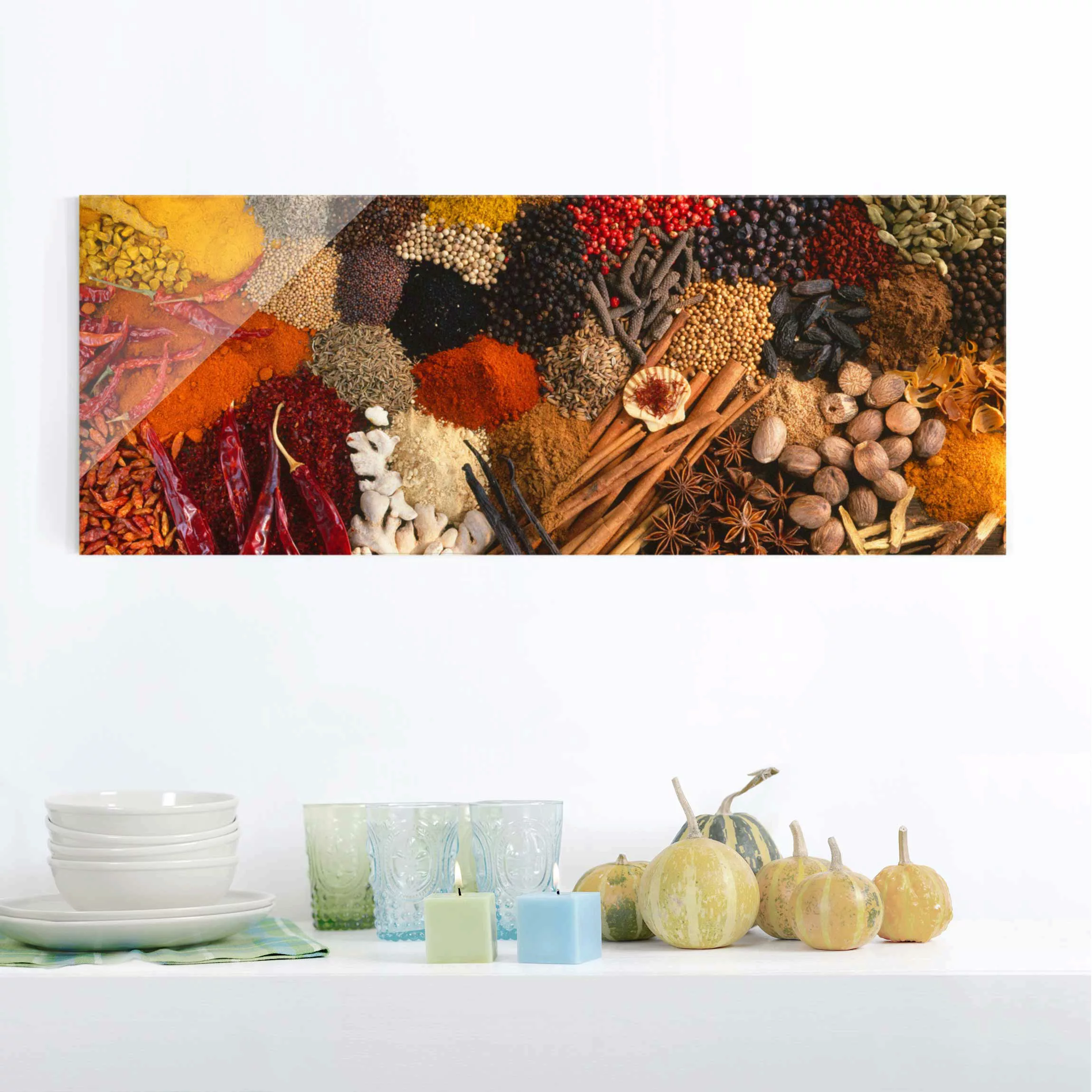 Glasbild Küche - Panorama Exotische Gewürze günstig online kaufen