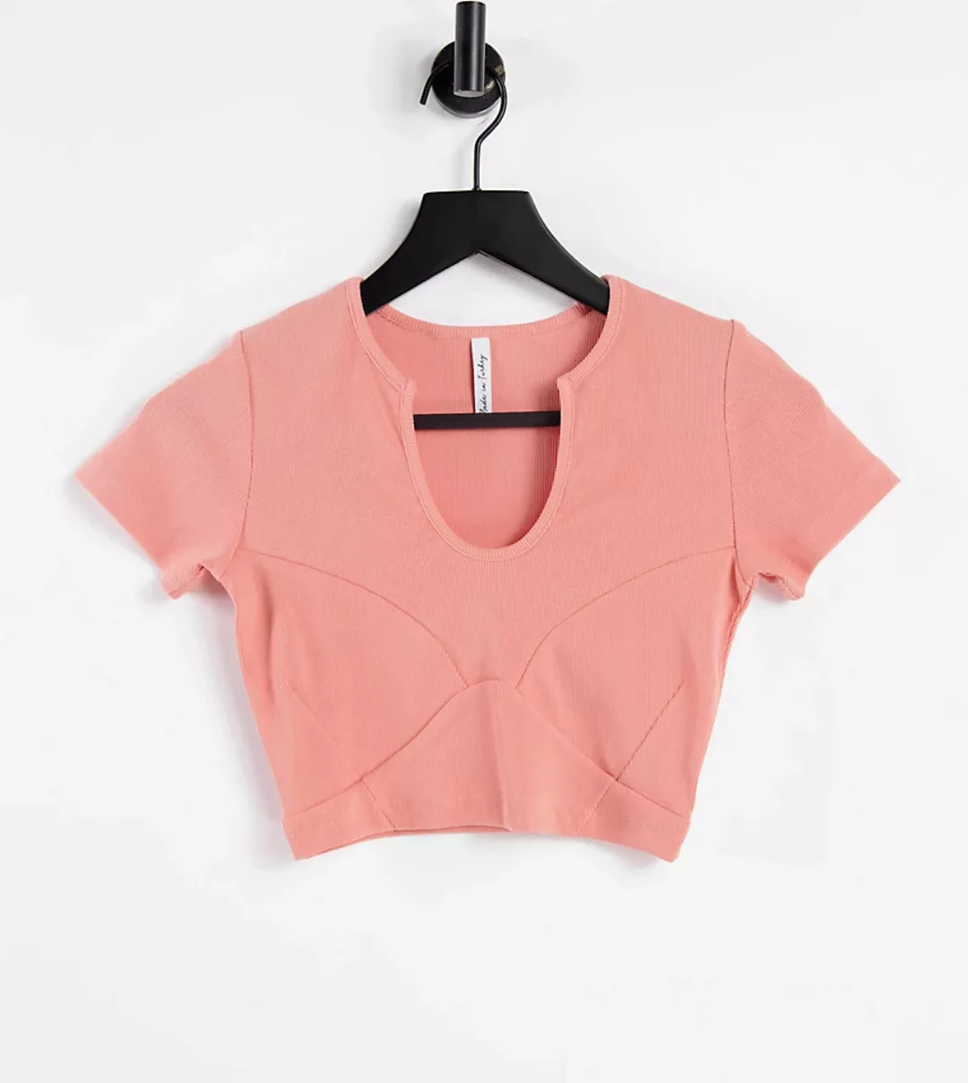ASYOU – Geripptes T-Shirt mit Ziernaht und eingekerbtem Ausschnitt in Pfirs günstig online kaufen