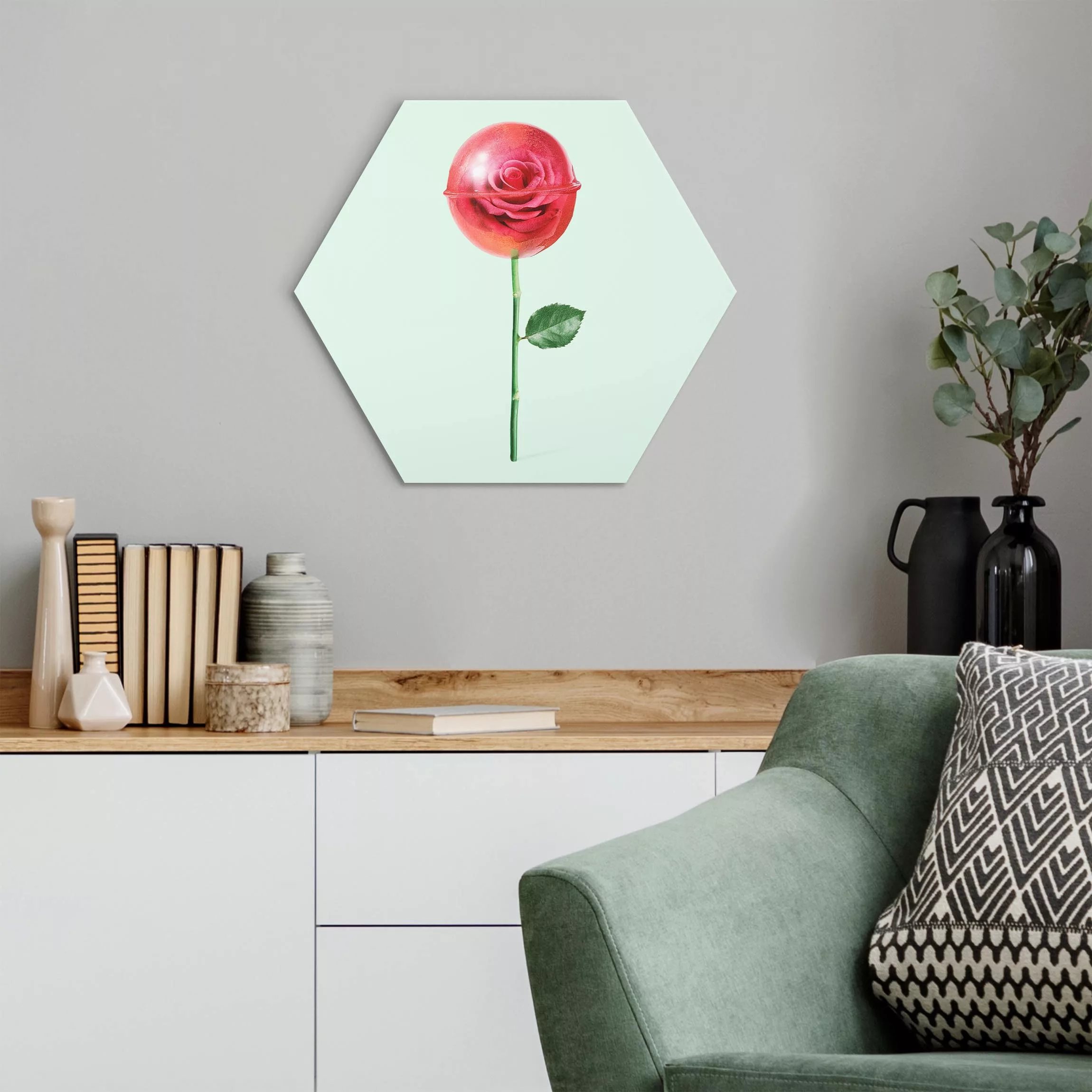 Hexagon-Alu-Dibond Bild Rose mit Lollipop günstig online kaufen