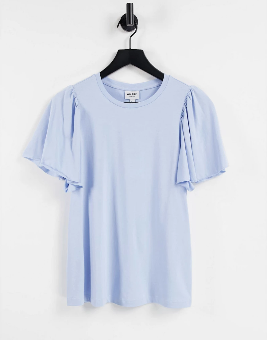 Vero Moda – Aware – T-Shirt aus Bio-Baumwolle mit Flatterärmeln in Blau günstig online kaufen