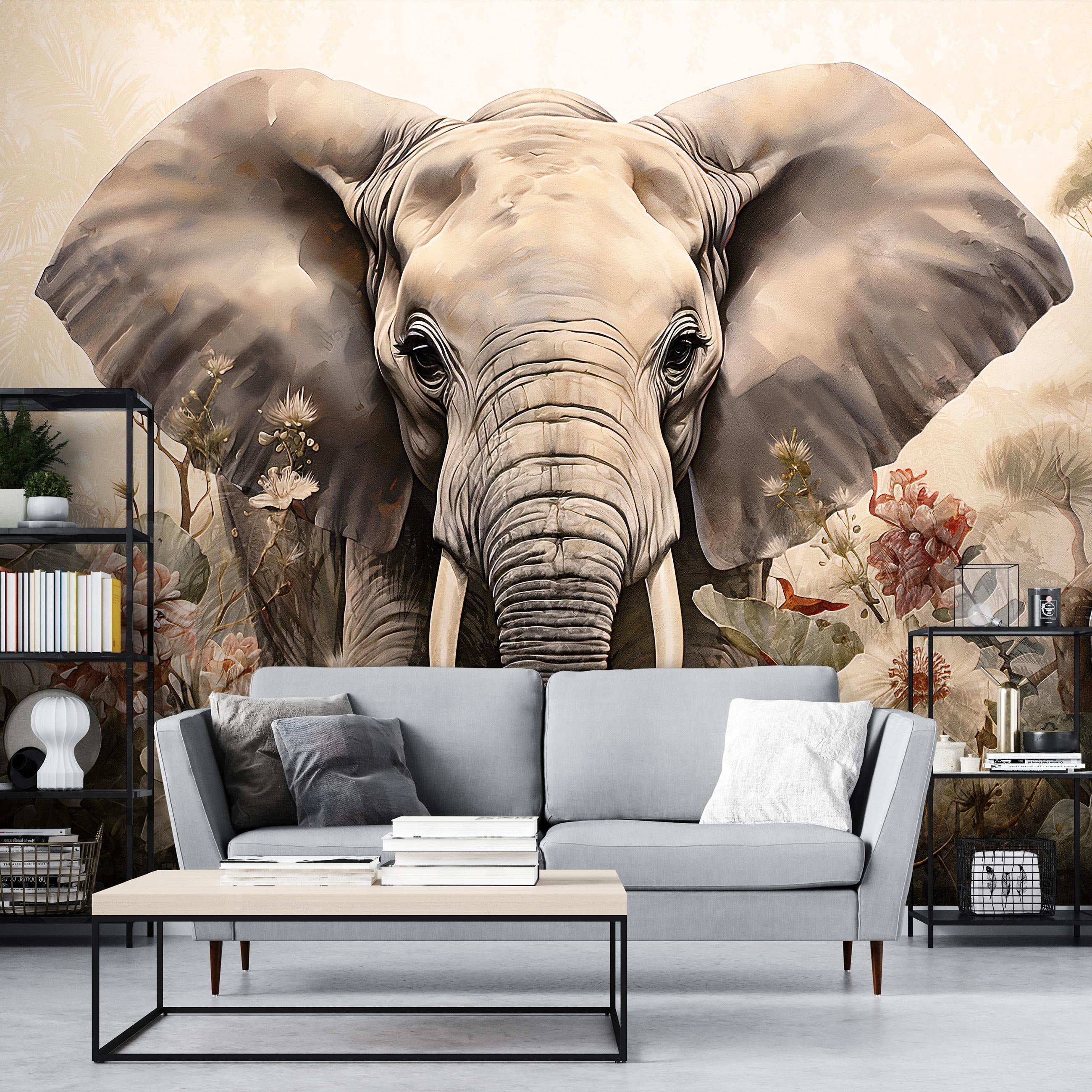 Wallarena Fototapete Elefant Blumen Sepia Vlies günstig online kaufen