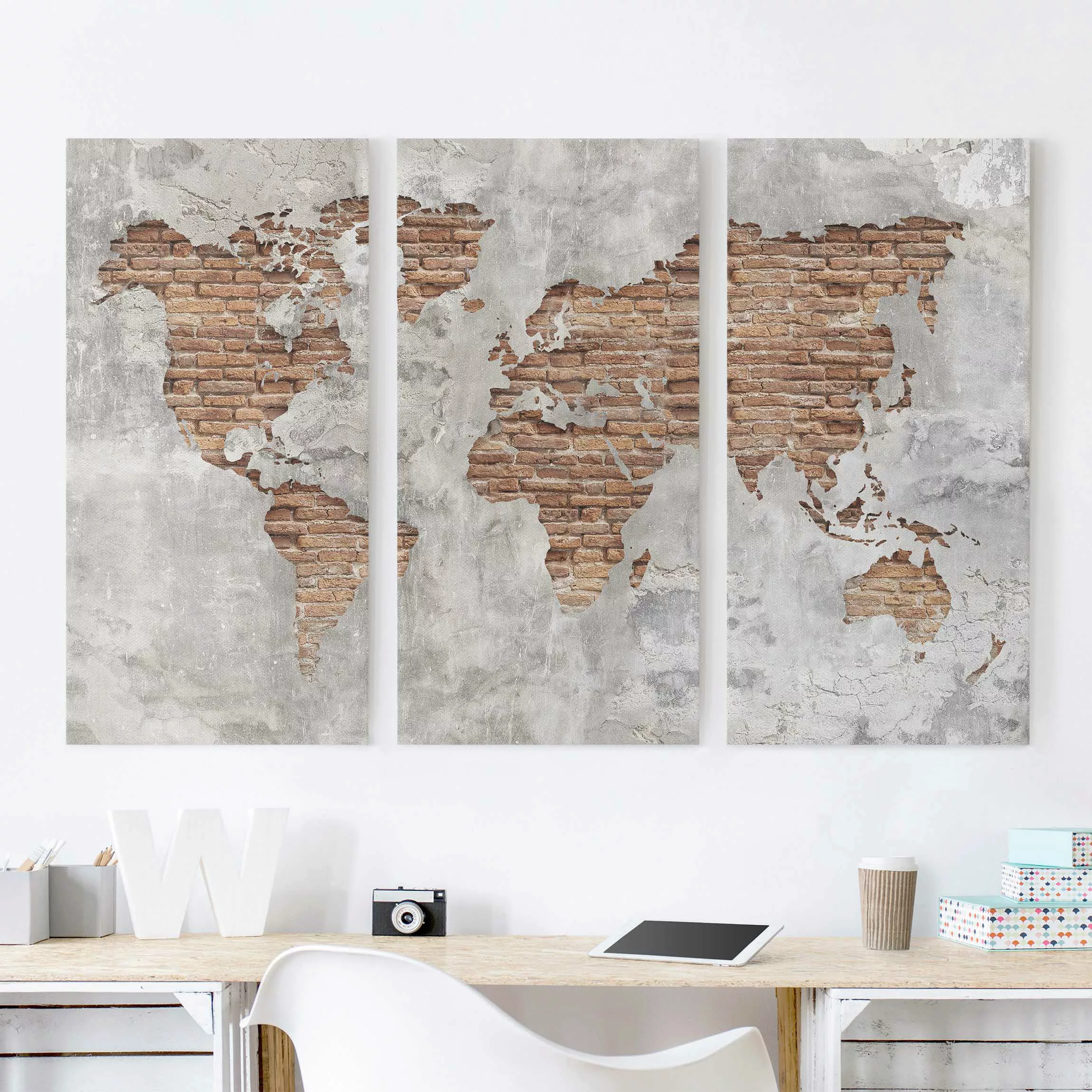 3-teiliges Leinwandbild Weltkarte - Querformat Shabby Beton Backstein Weltk günstig online kaufen