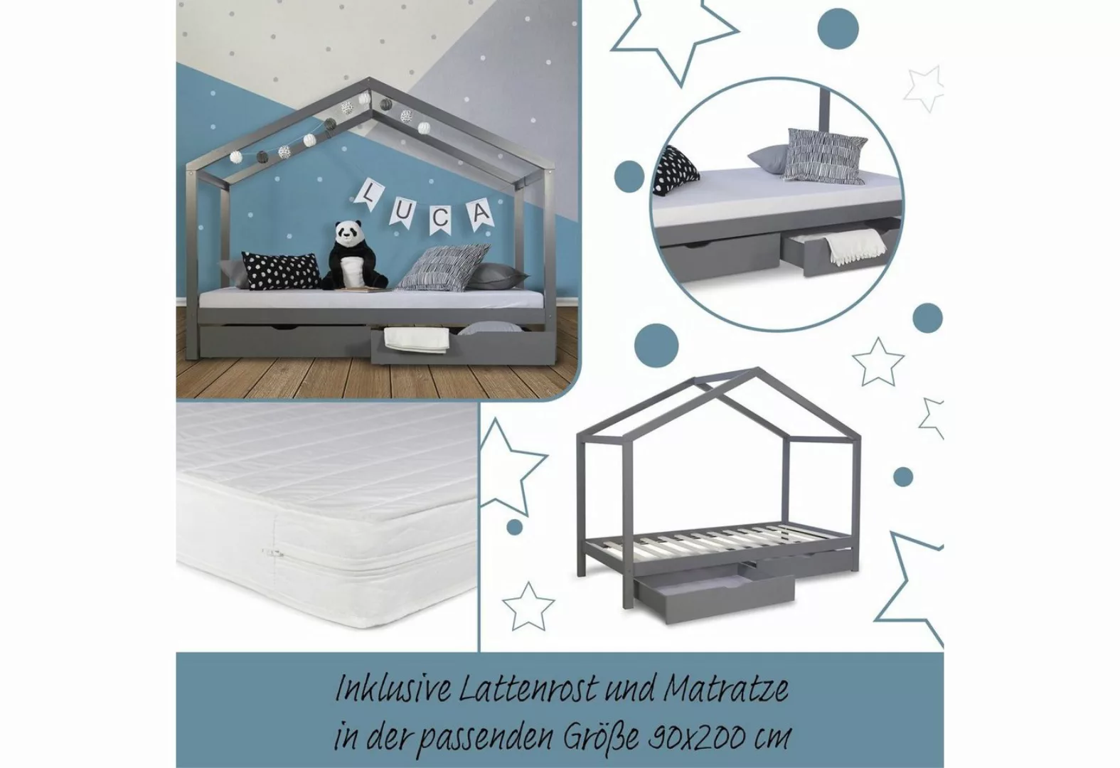 Homestyle4u Kinderbett 90x200 Hausbett cm + Matratze Kinderhaus Spielbett H günstig online kaufen