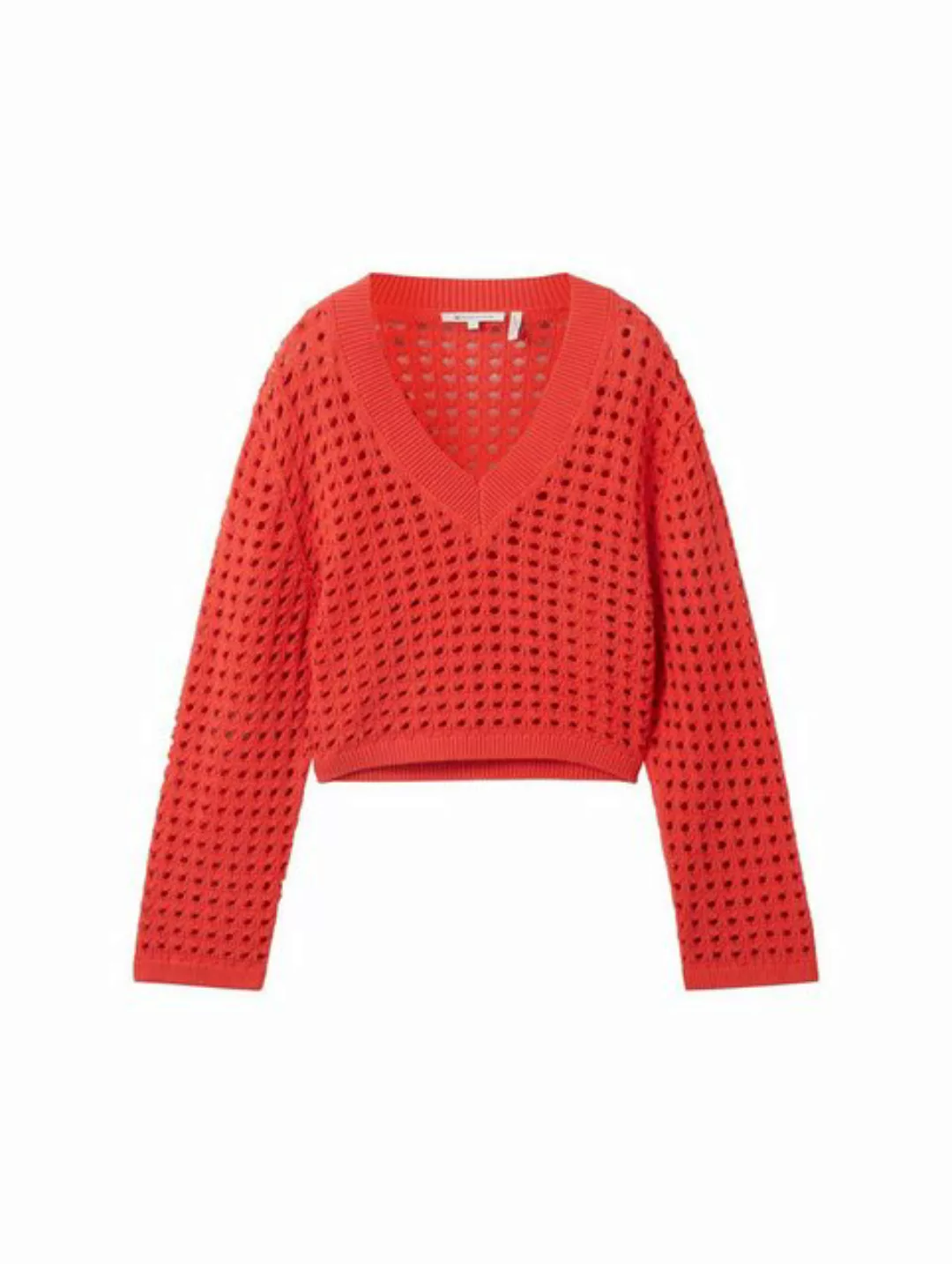 TOM TAILOR Denim Sweatshirt open knit pullover, Plain Red günstig online kaufen
