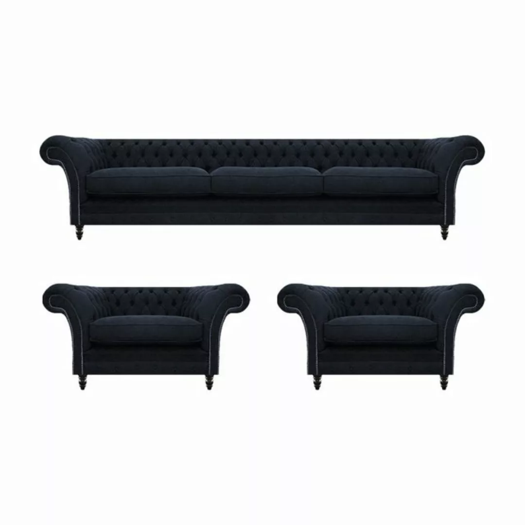 JVmoebel Chesterfield-Sofa Blau Sofagarnitur 3tlg 2x Sessel Sofa Dreisitze günstig online kaufen