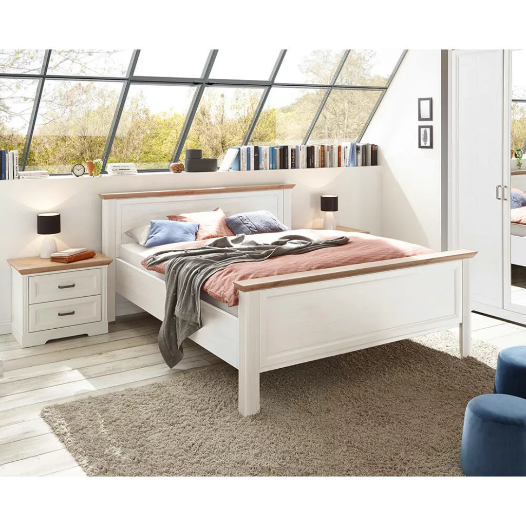 Schlafzimmer Set 3-teilig Bett 160x200cm Pinie weiß mit Eiche JÜLICH-77 günstig online kaufen
