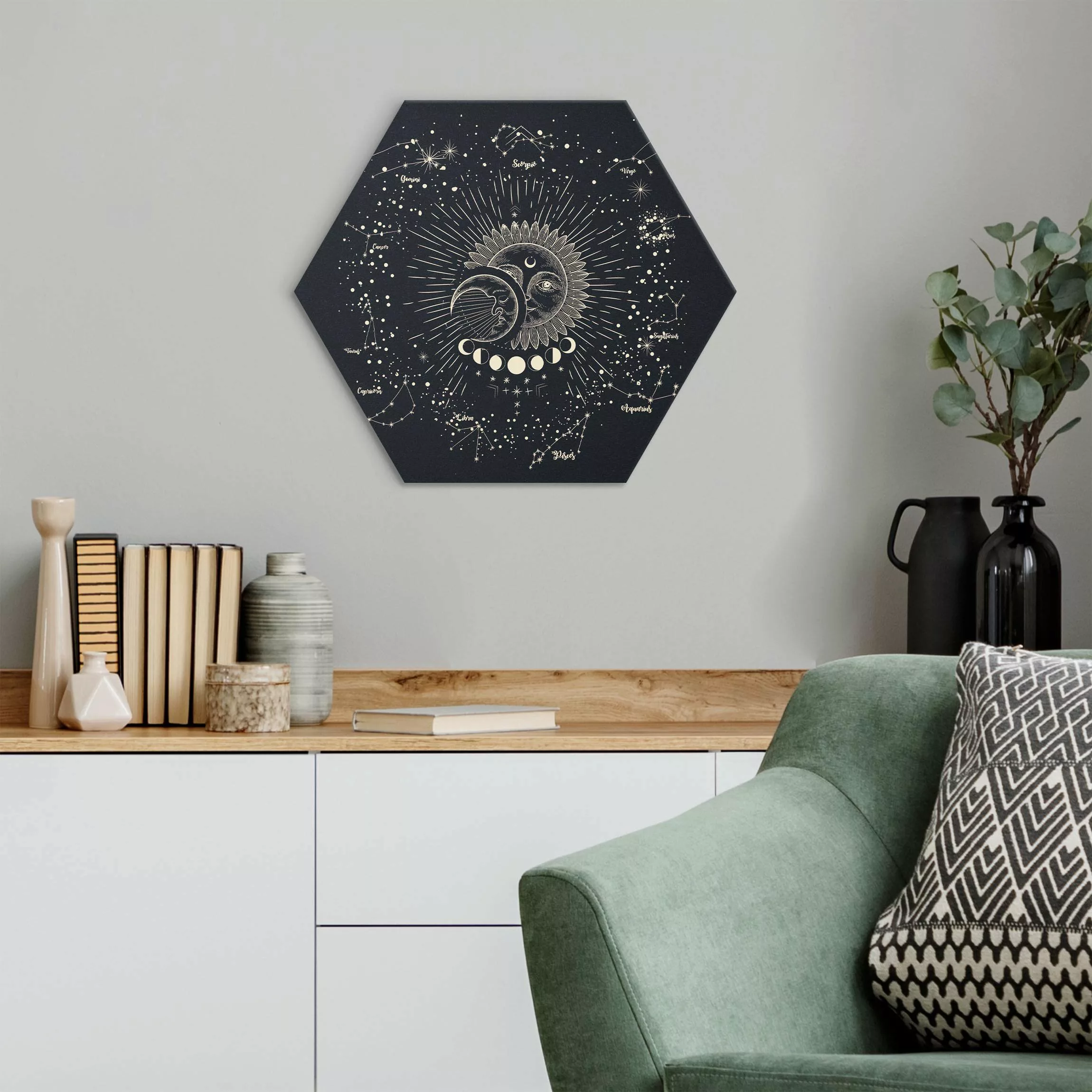Hexagon-Alu-Dibond Bild Astrologie Sonne Mond und Sterne Blau Gold günstig online kaufen