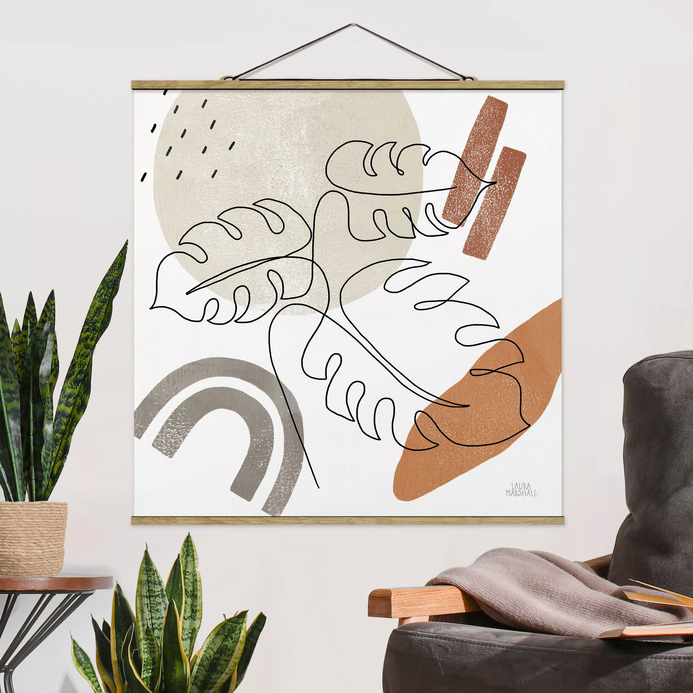 Stoffbild mit Posterleisten Monstera Lineart und Terracotta Farben günstig online kaufen