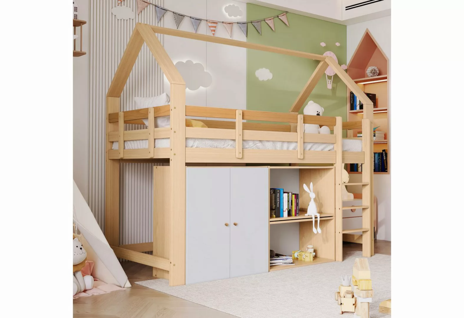 NMonet Hochbett Kinderbett Etagenbett 90x200cm Hausbett aus Massivholz, mit günstig online kaufen