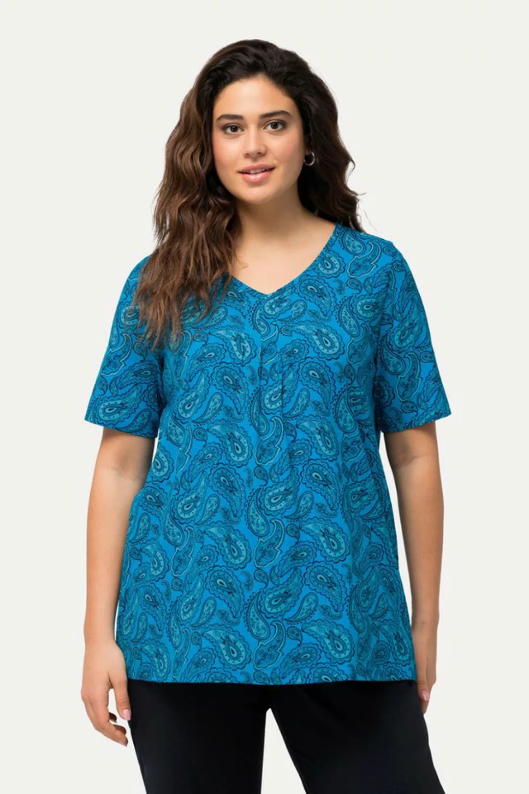 Ulla Popken Rundhalsshirt T-Shirt Paisley A-Linie V-Ausschnitt Halbarm günstig online kaufen