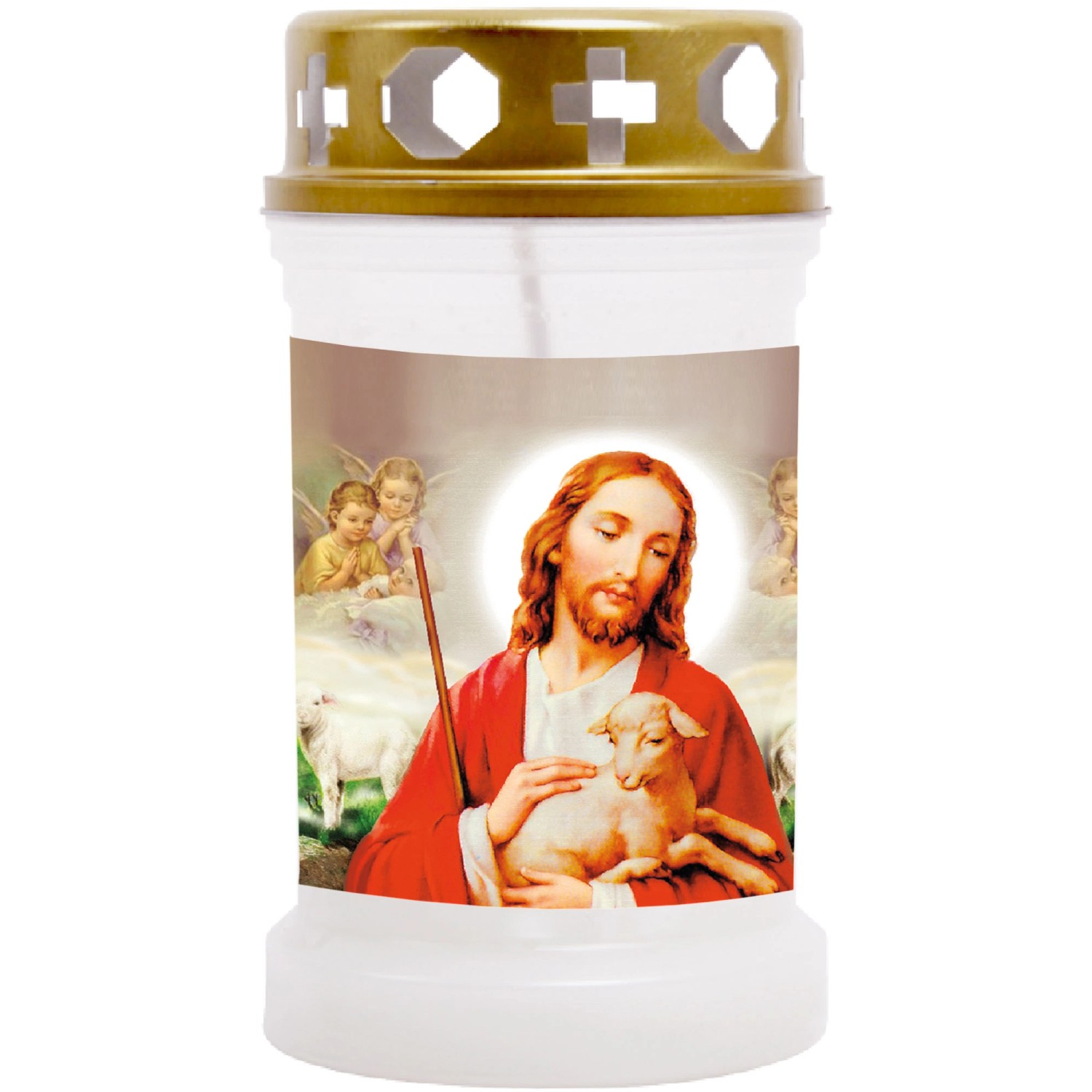 HS Candle Grabkerze Weiß 40h Inkl. Deckel Gold Jesus Mit Lamm günstig online kaufen