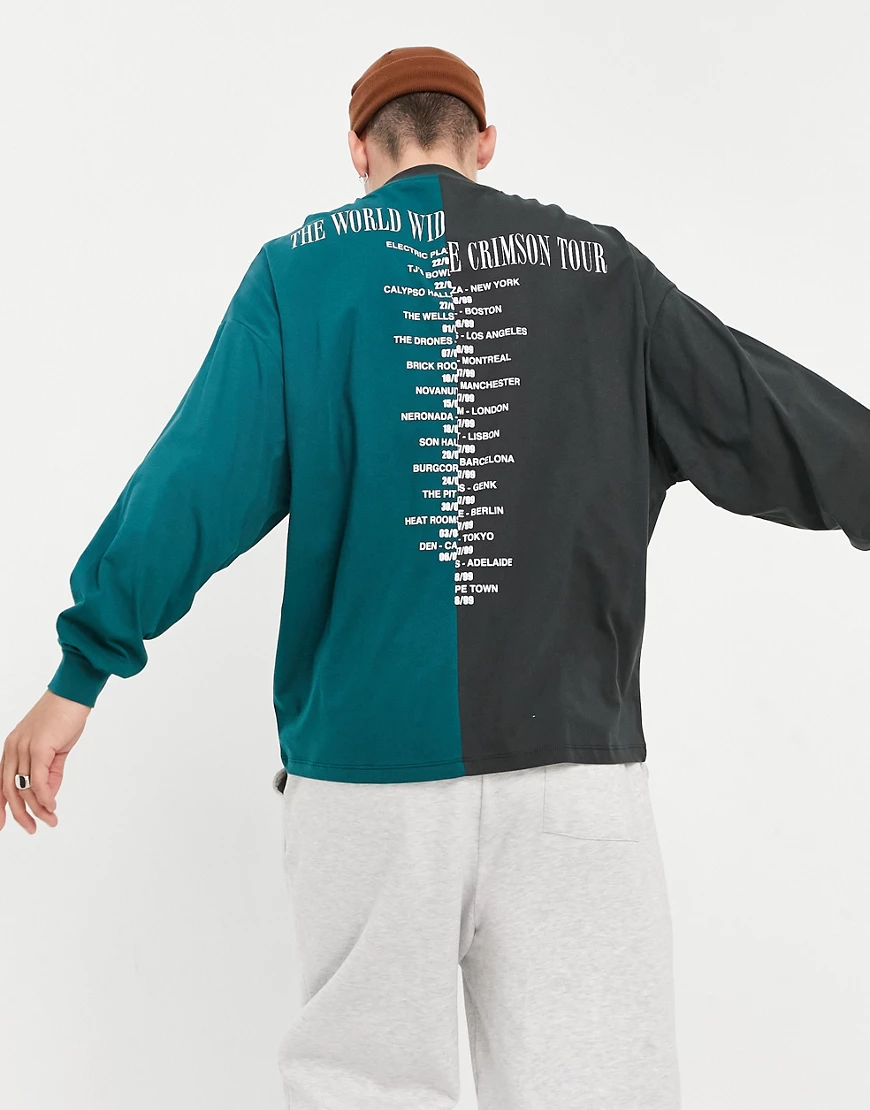 ASOS DESIGN – Langärmliges Oversize-Shirt mit Farbblockdesign in Grün und S günstig online kaufen