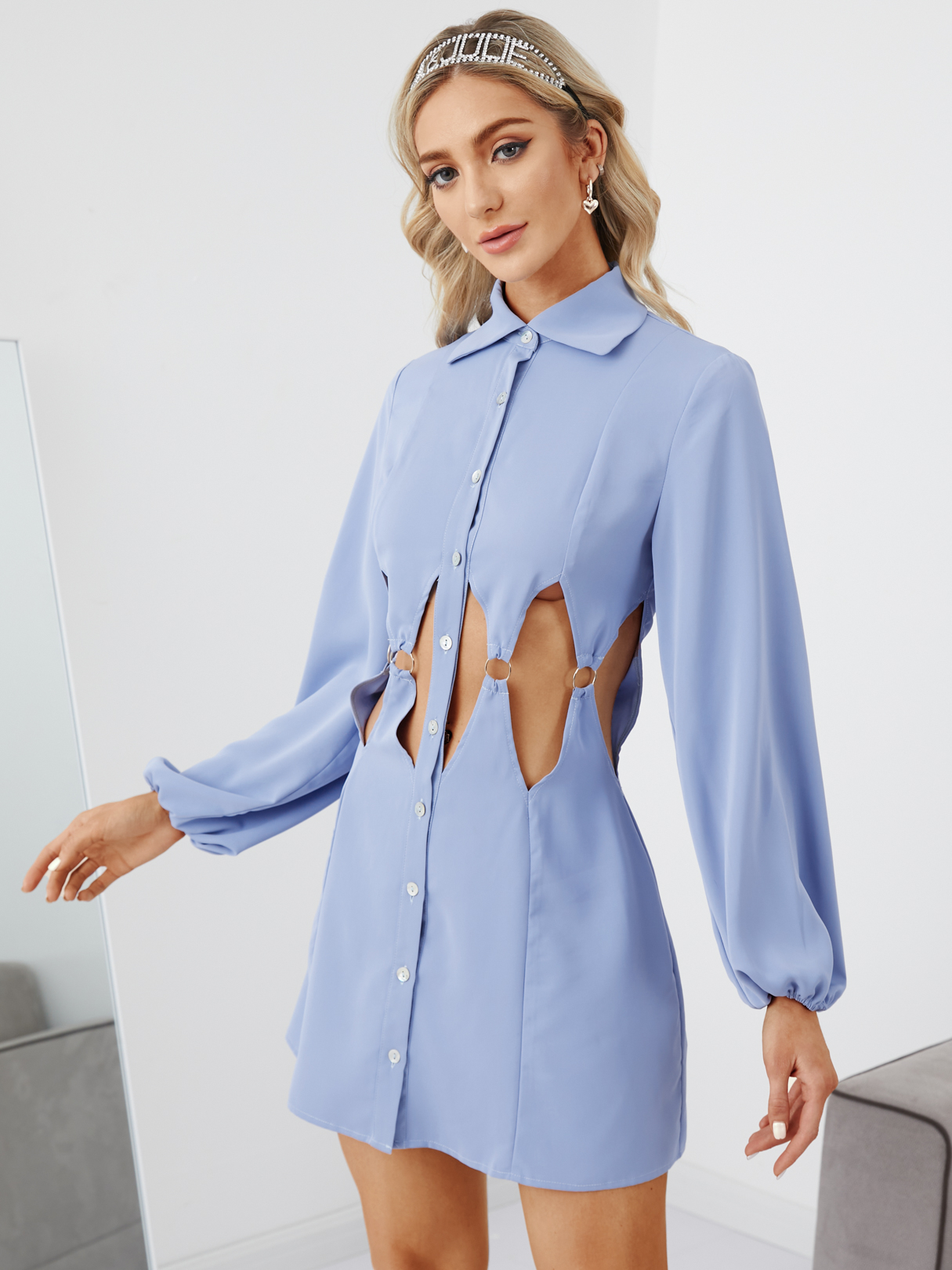 YOINS Knopf vorne Ausschnitt Lange Ärmel Mini Kleid günstig online kaufen
