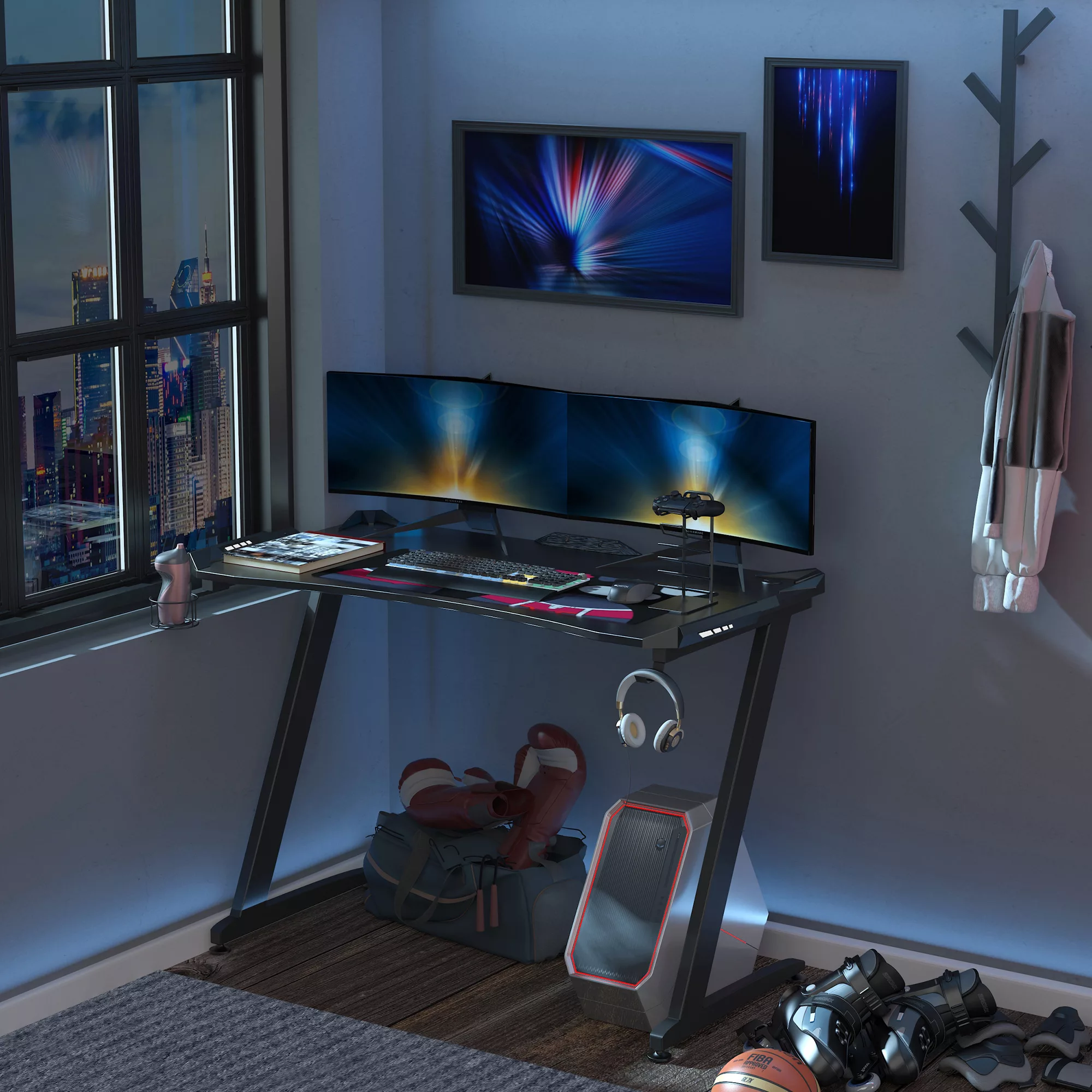 HOMCOM Gamer Schreibtisch mit LED-Licht, Becherhalter, Kopfhörerhaken, Z-De günstig online kaufen